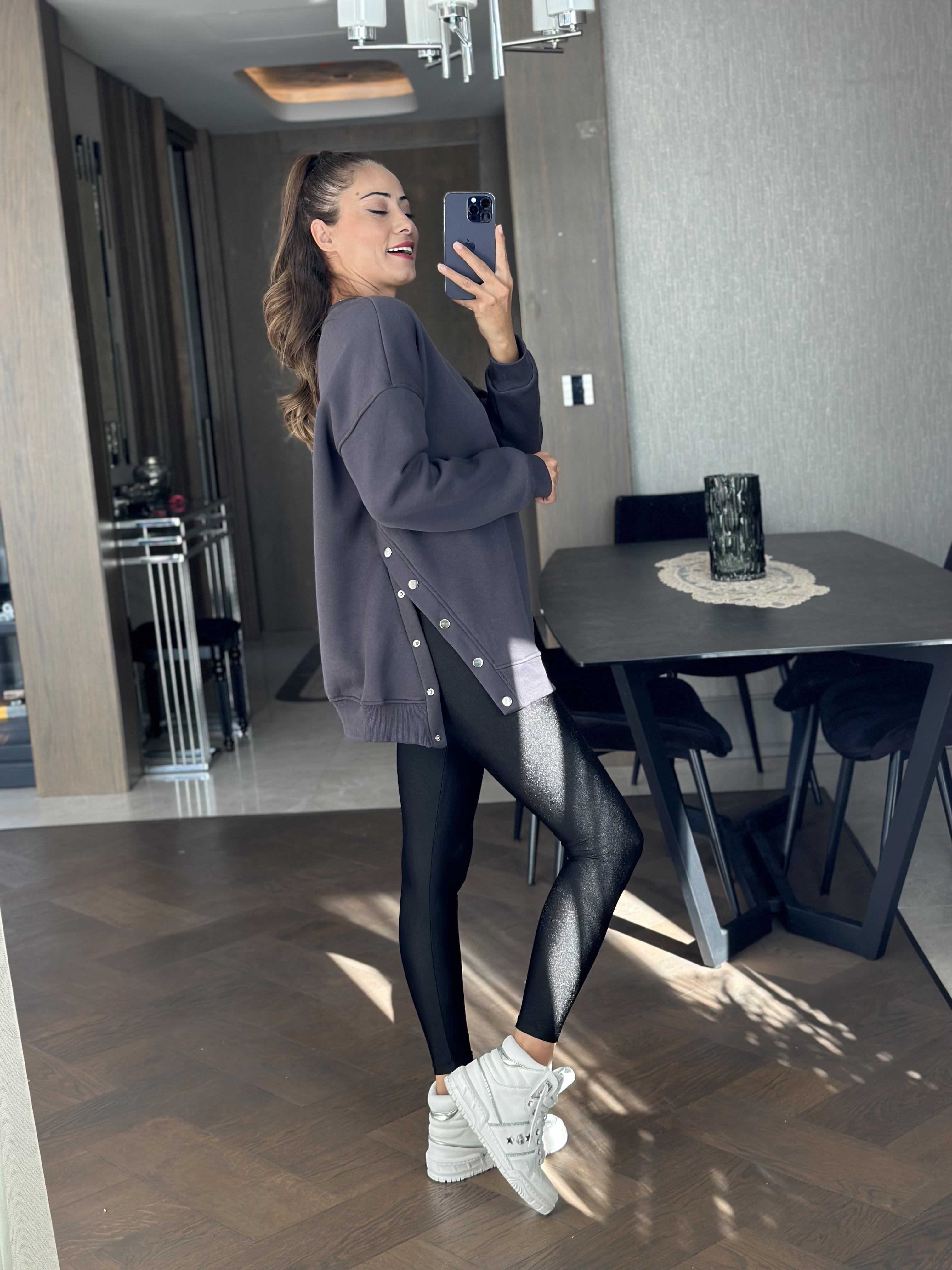 Antrasit Bisiklet Yaka Tek Yanı Çıtçıtlı Kadın Sweatshirt