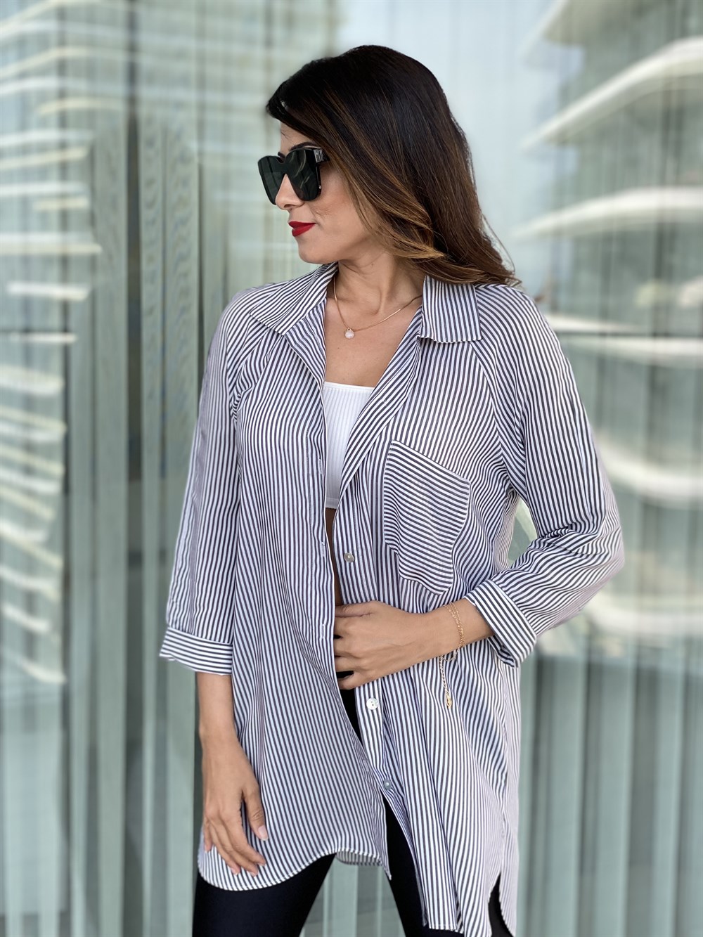 Antrasit Çizgili Orjinal Marka Gömlek