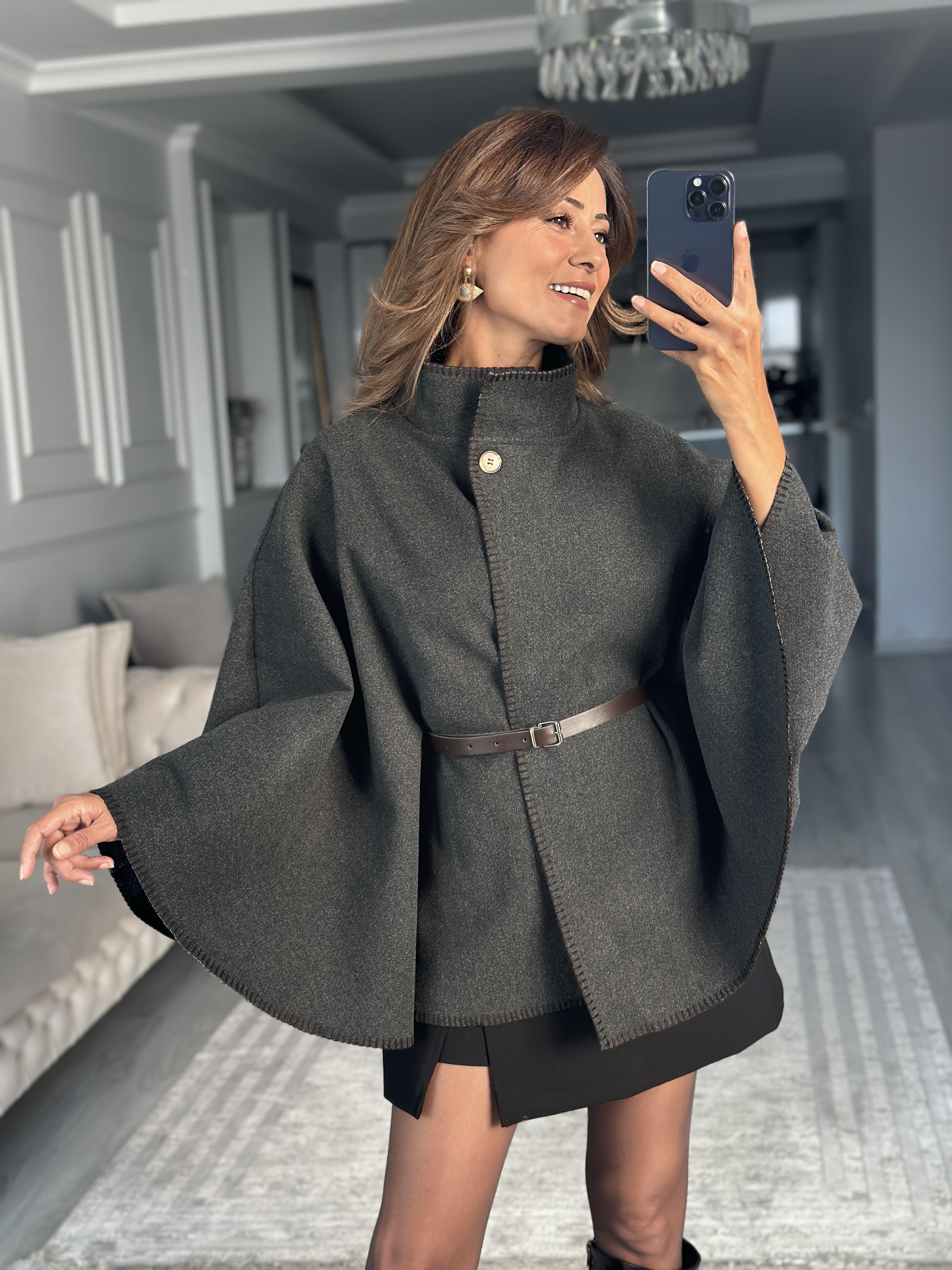 Antrasit Çoban Dikişli Dik Yaka Kemerli Kadın Kaşe Panço