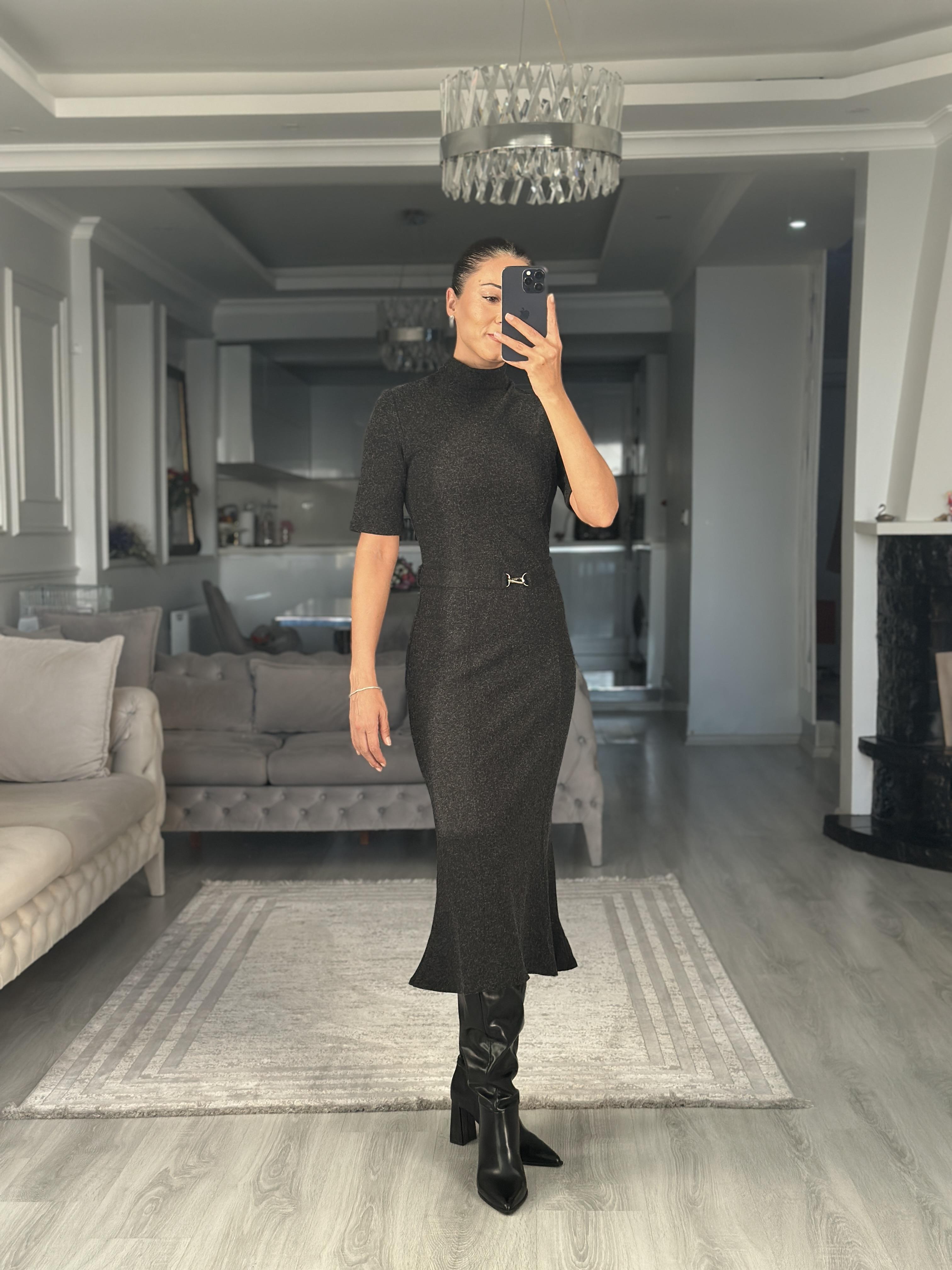 Antrasit Dikiş Detaylı Kemerli Selanik Midi Boy Kadın Elbise