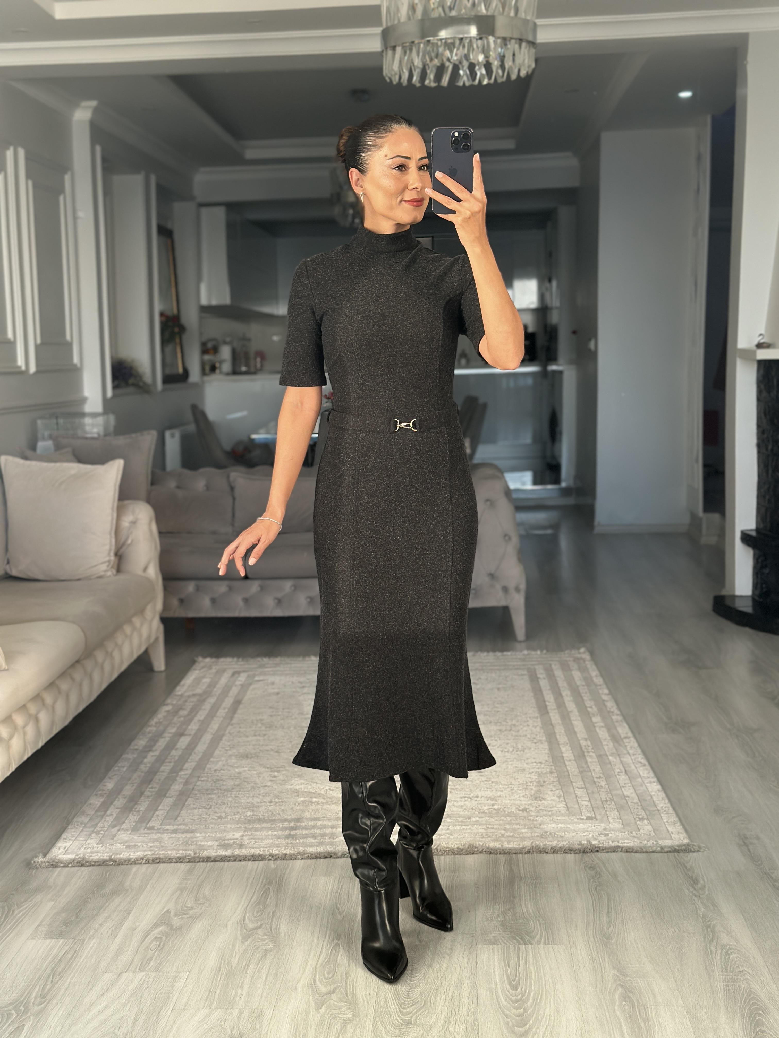 Antrasit Dikiş Detaylı Kemerli Selanik Midi Boy Kadın Elbise