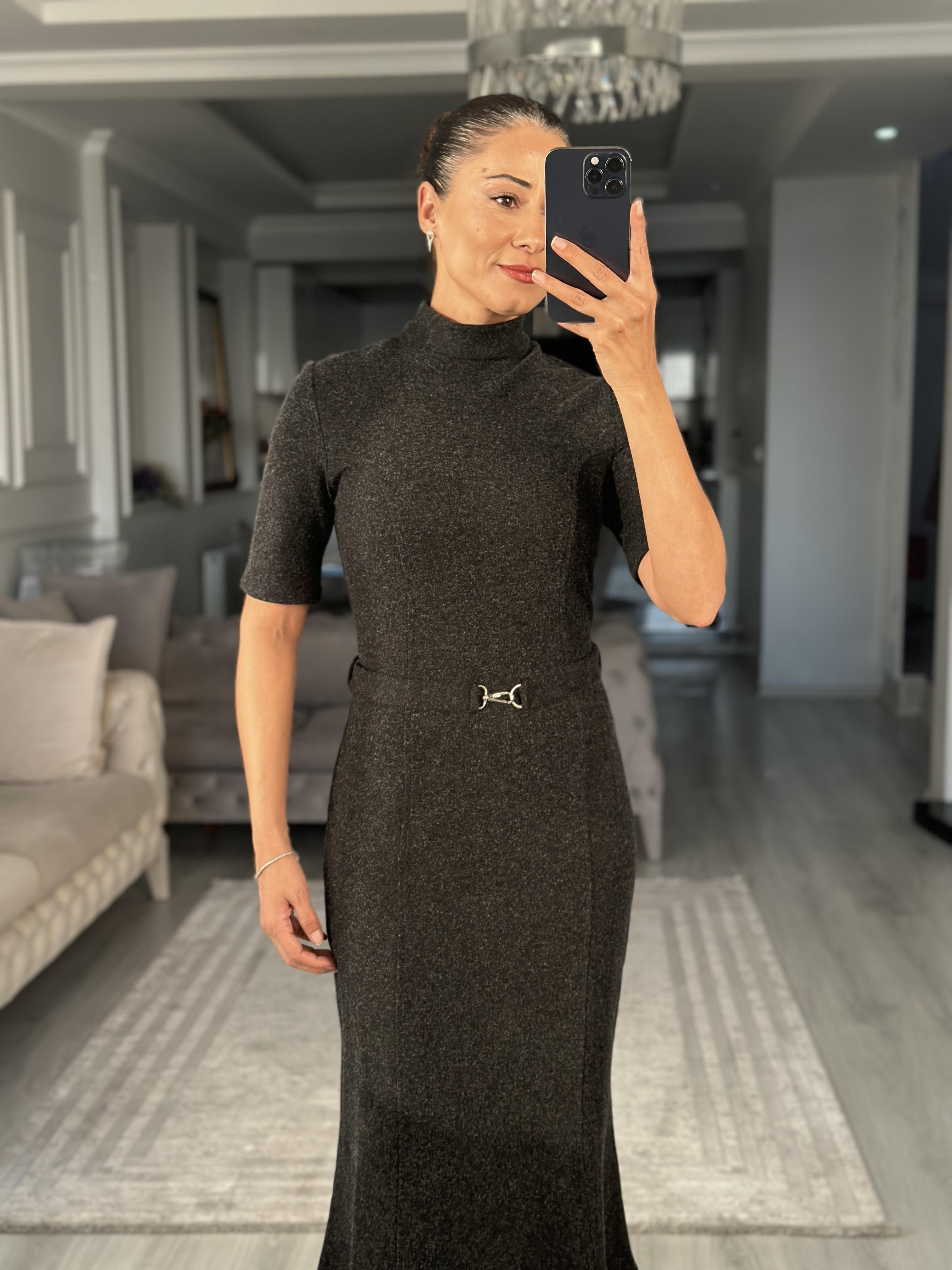 Antrasit Dikiş Detaylı Kemerli Selanik Midi Boy Kadın Elbise