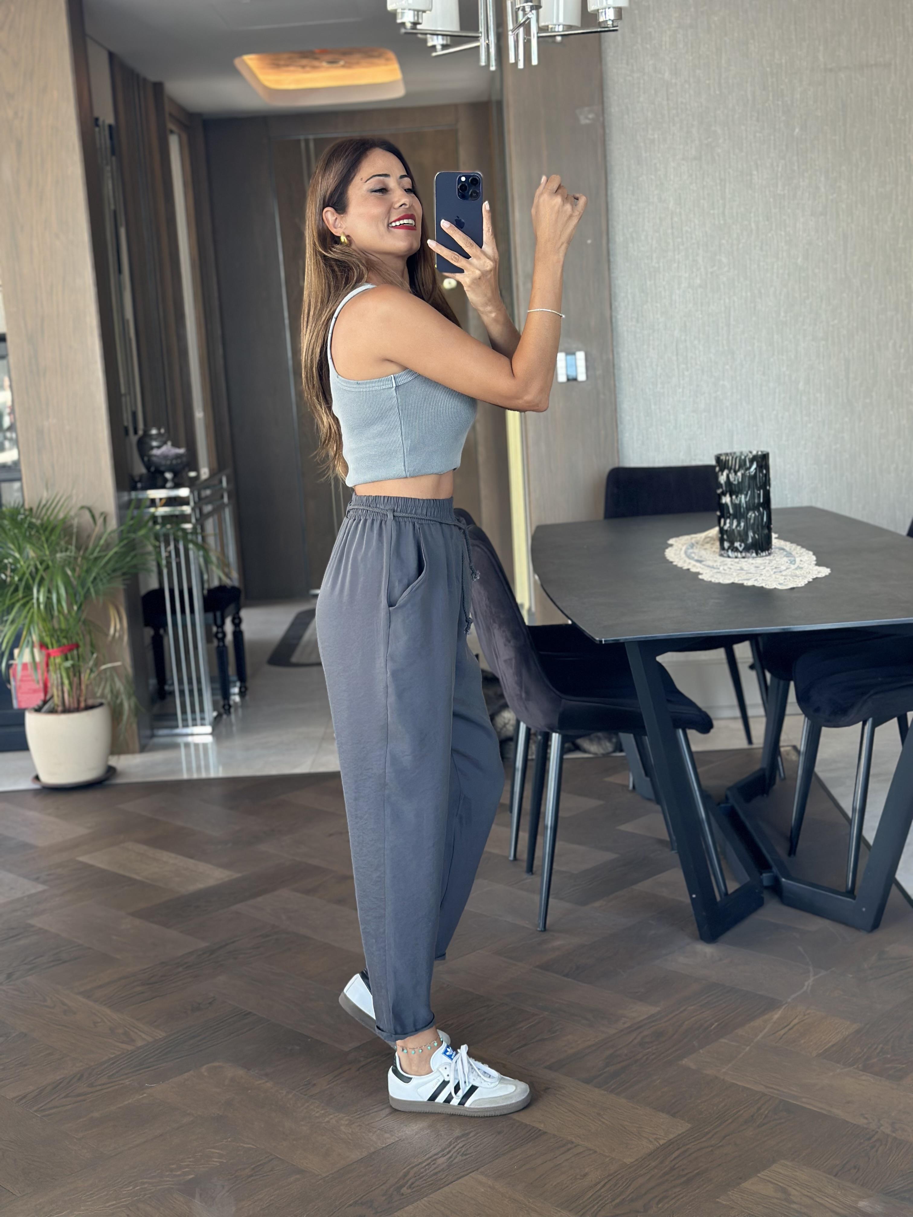 Antrasit Duble Paça Örgü Kemerli Tnsel Kadın Pantolon