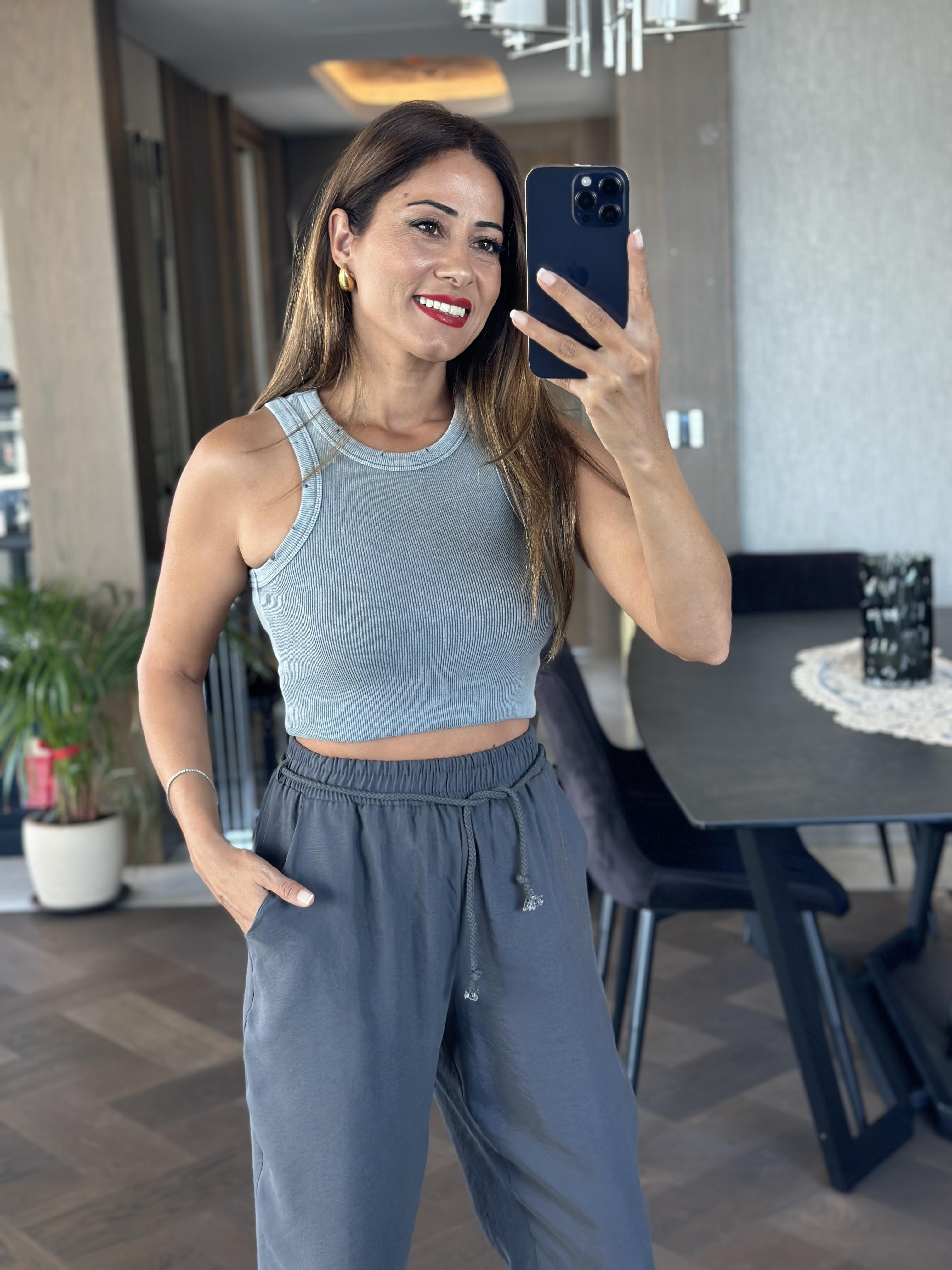 Antrasit Duble Paça Örgü Kemerli Tnsel Kadın Pantolon