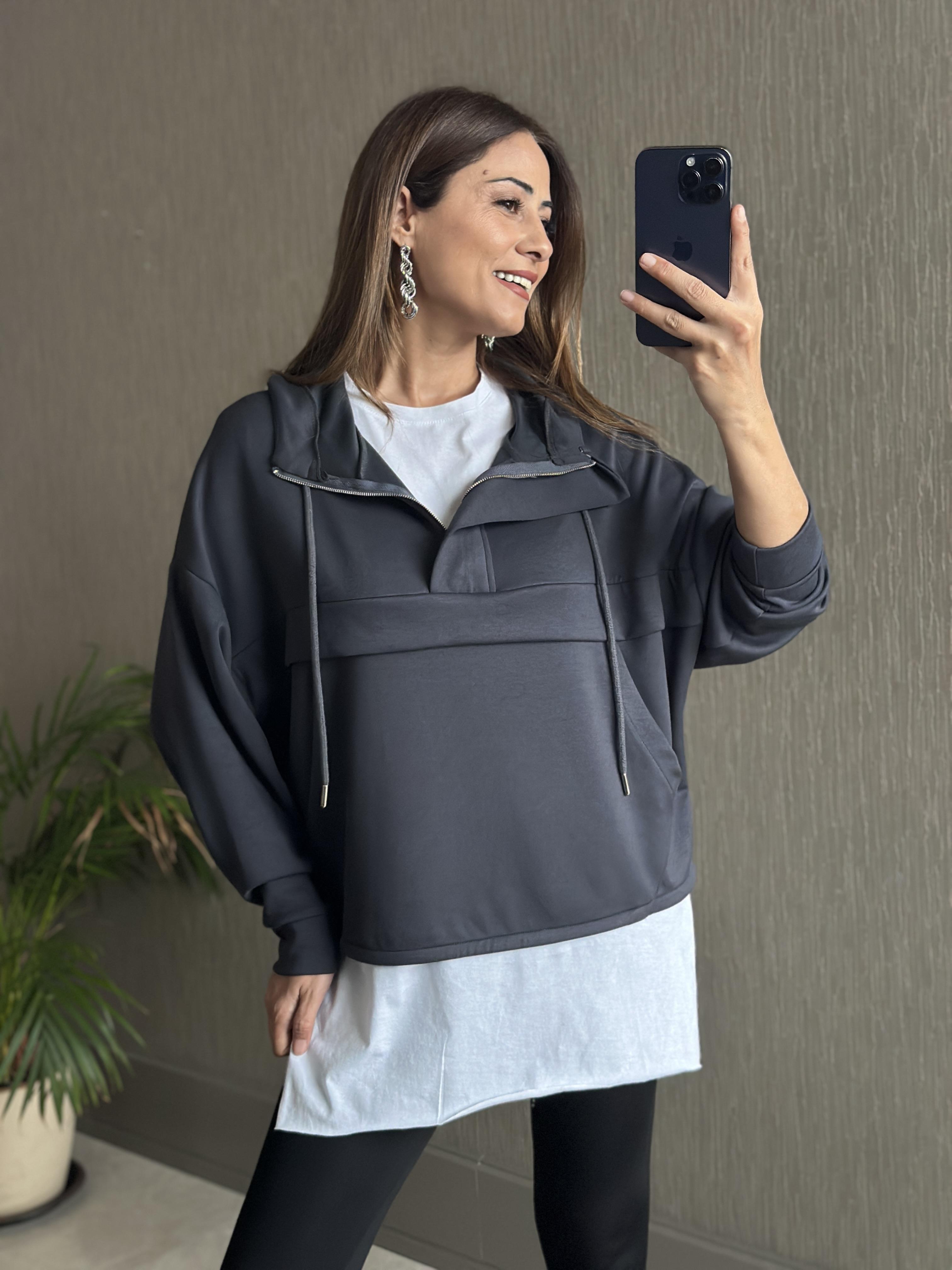 Antrasit Kapüşonlu Yarım Fermuarlı Kanguru Cep Modal Kadın Sweatshirt