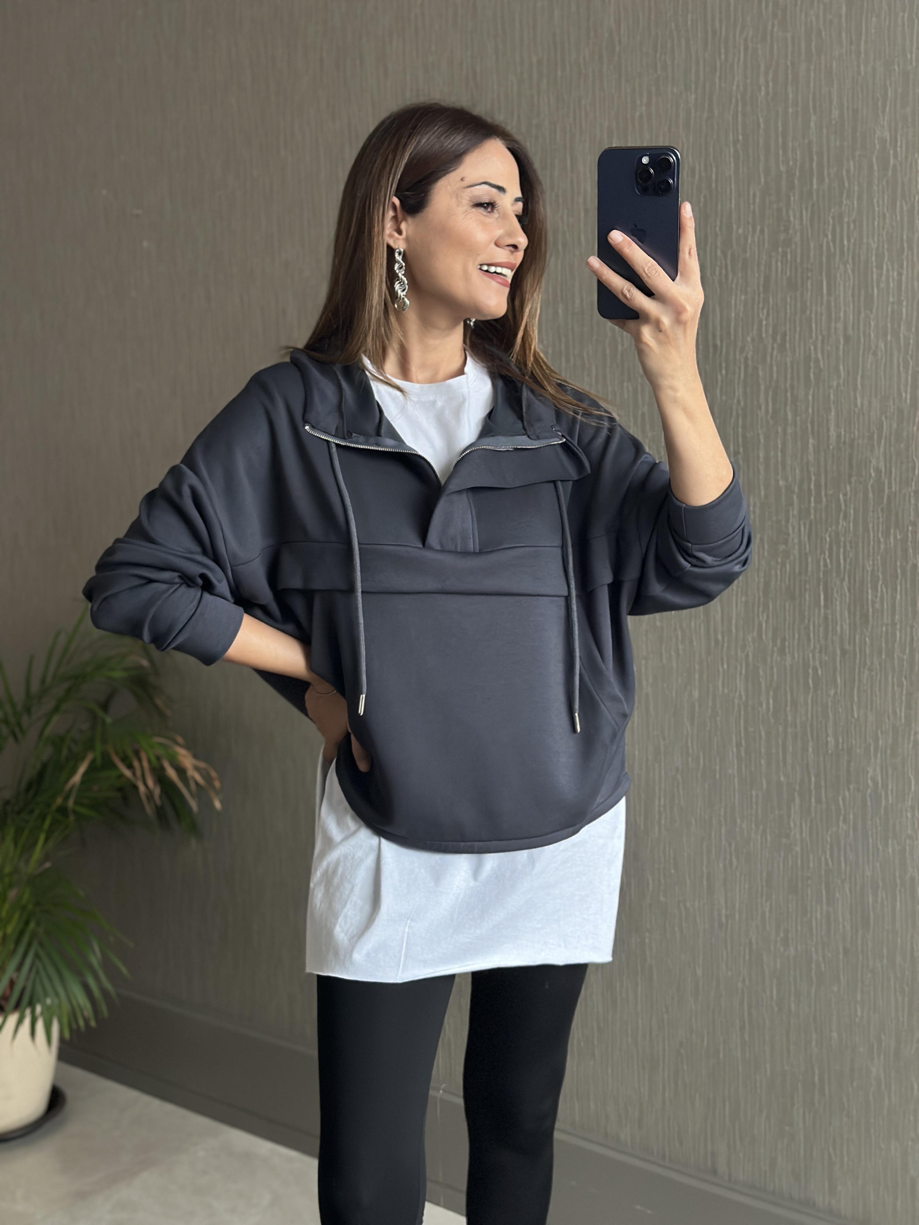 Antrasit Kapüşonlu Yarım Fermuarlı Kanguru Cep Modal Kadın Sweatshirt