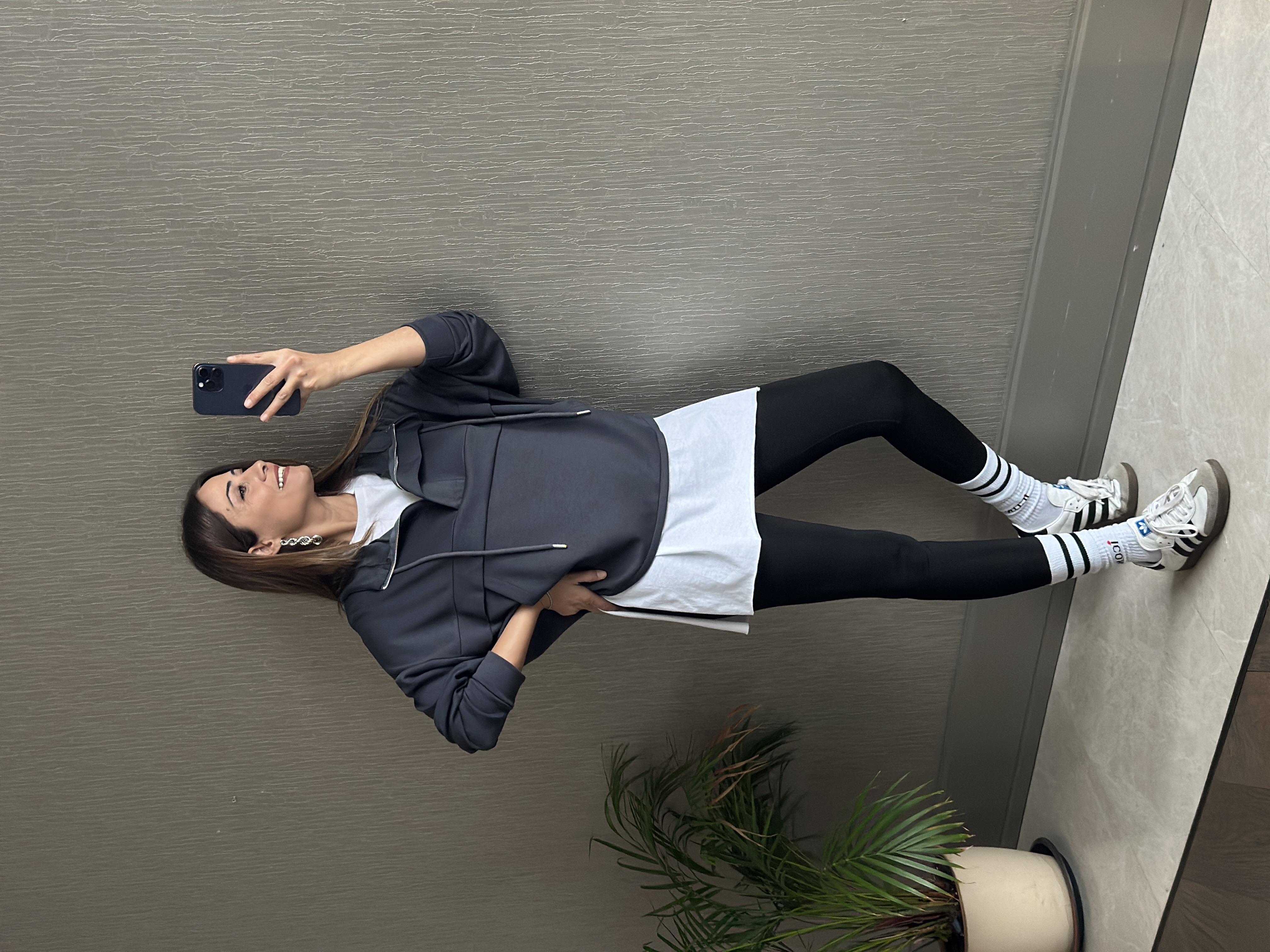 Antrasit Kapüşonlu Yarım Fermuarlı Kanguru Cep Modal Kadın Sweatshirt