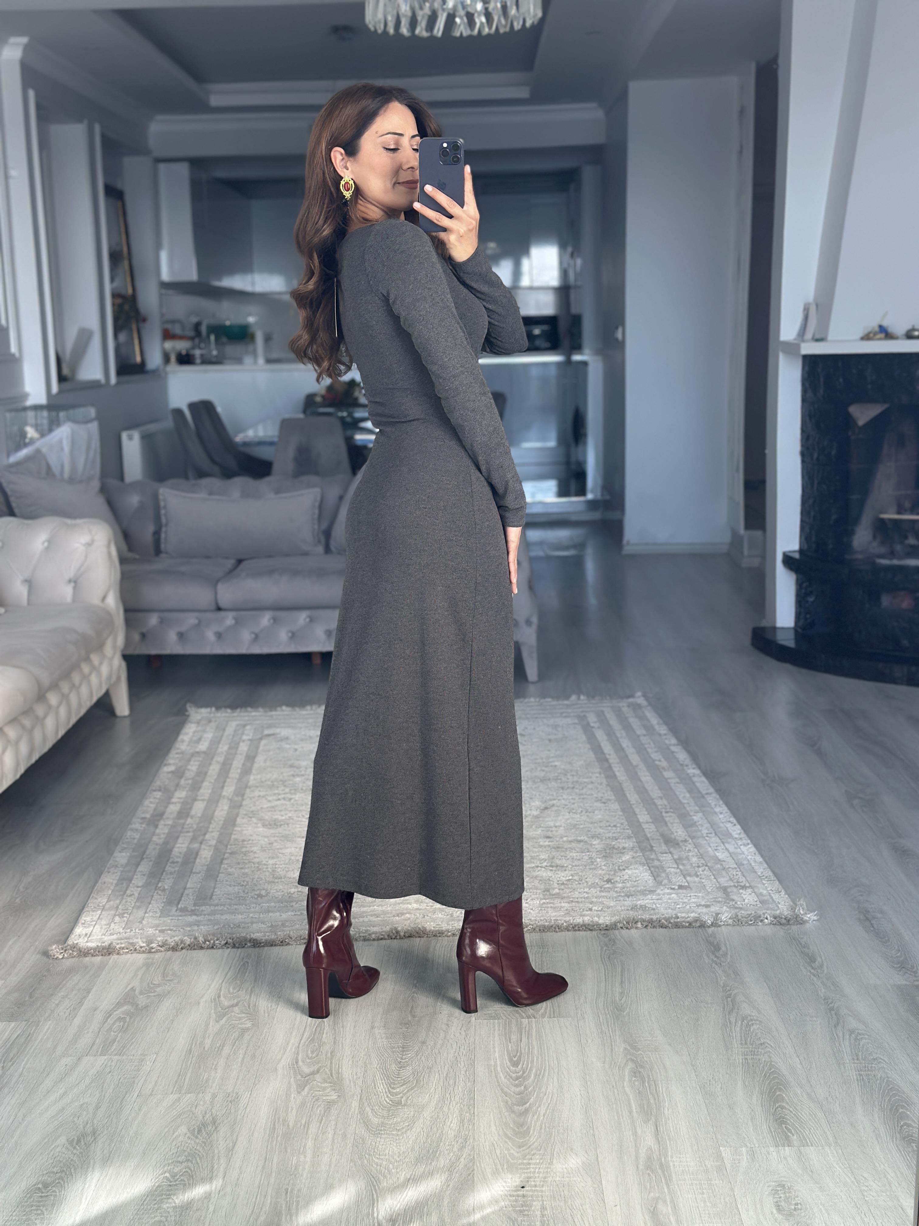 Antrasit Kayık Yaka Uzun Kol Beli Drapeli Maksi Boy Kadın Elbise