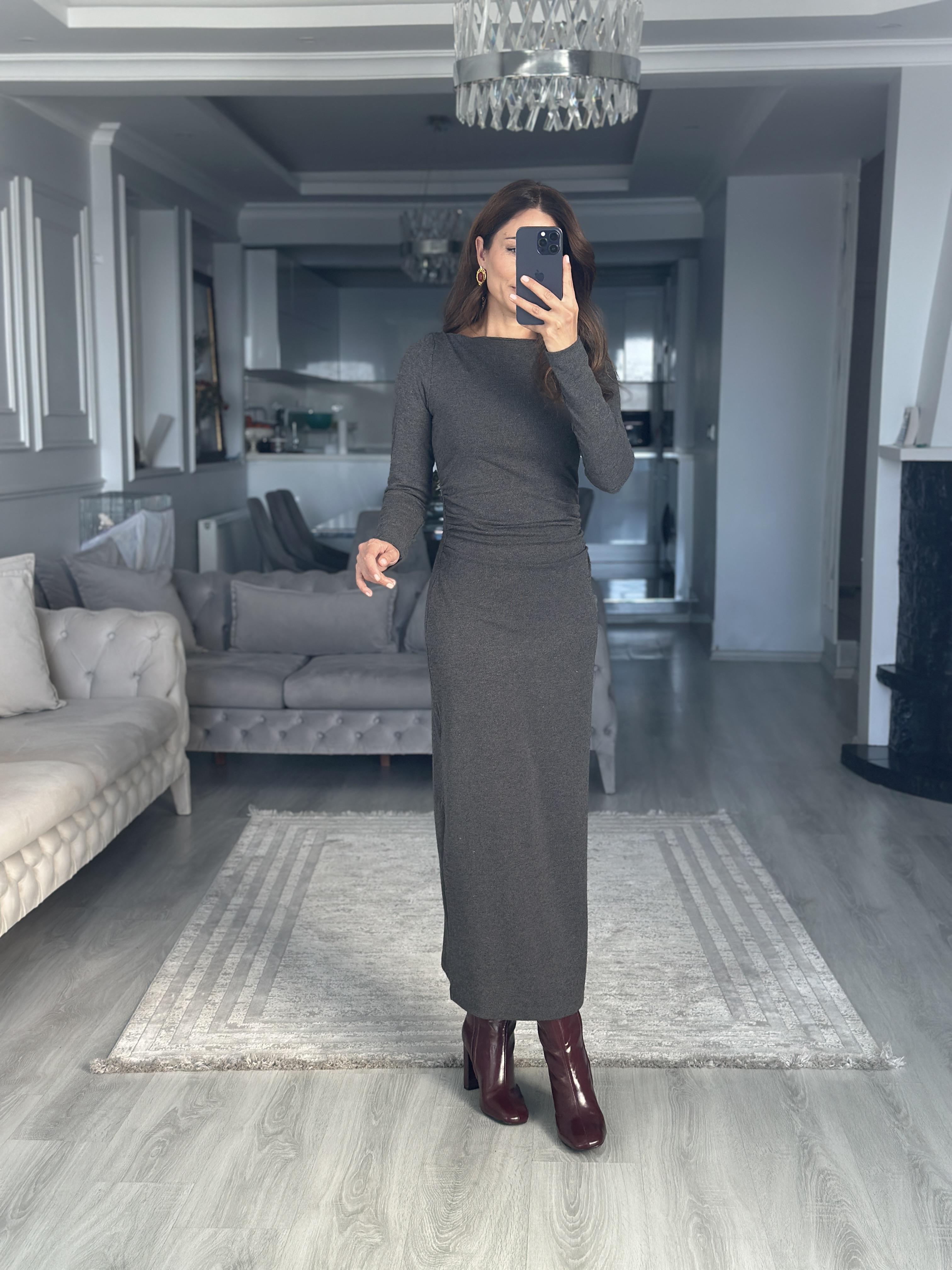 Antrasit Kayık Yaka Uzun Kol Beli Drapeli Maksi Boy Kadın Elbise