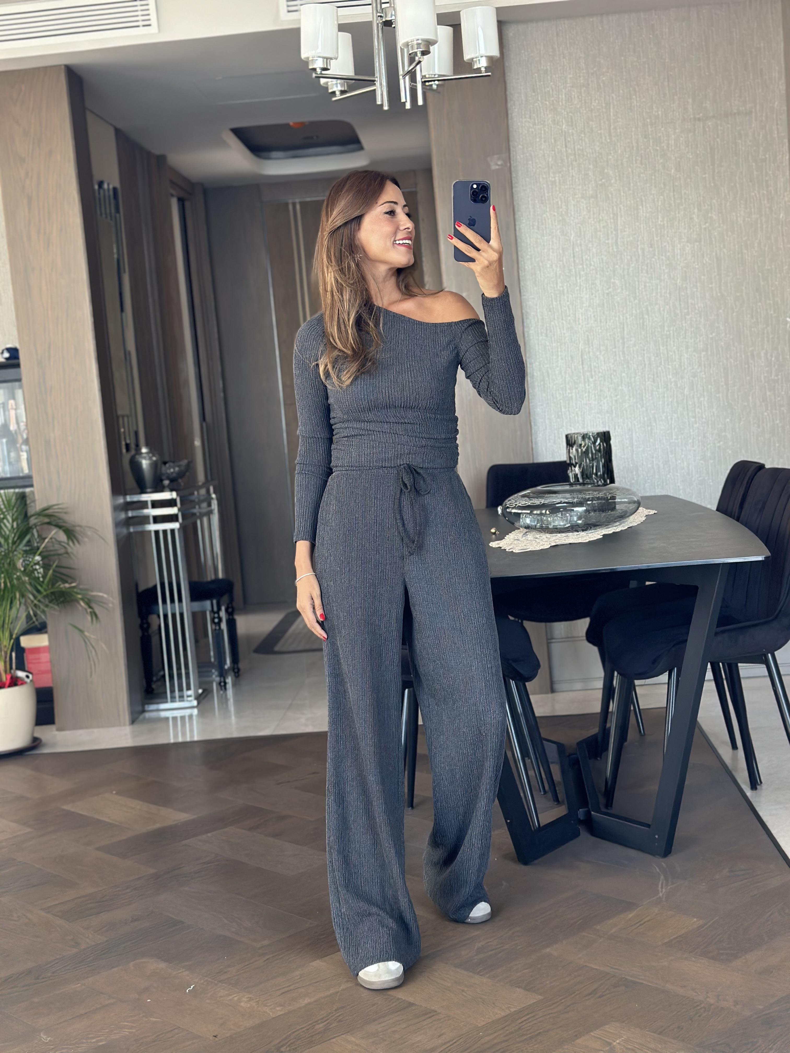 Antrasit Kayık Yaka Yanı Büzgülü Bluz Pantolon Kadın Alt Üst Takım