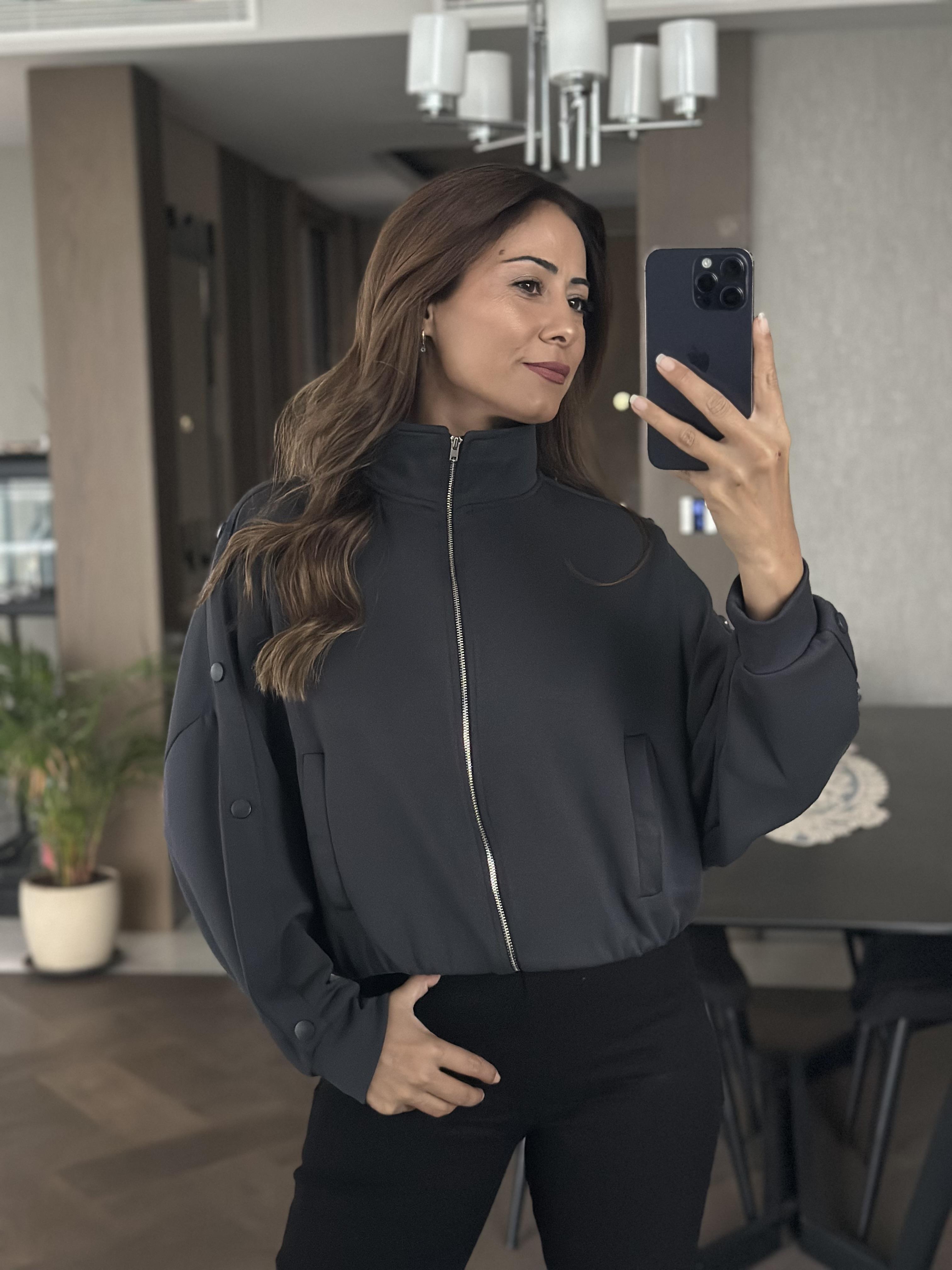 Antrasit Kolları Çıtçıt Detay Fermuarlı Cepli Kadın Sweatshirt