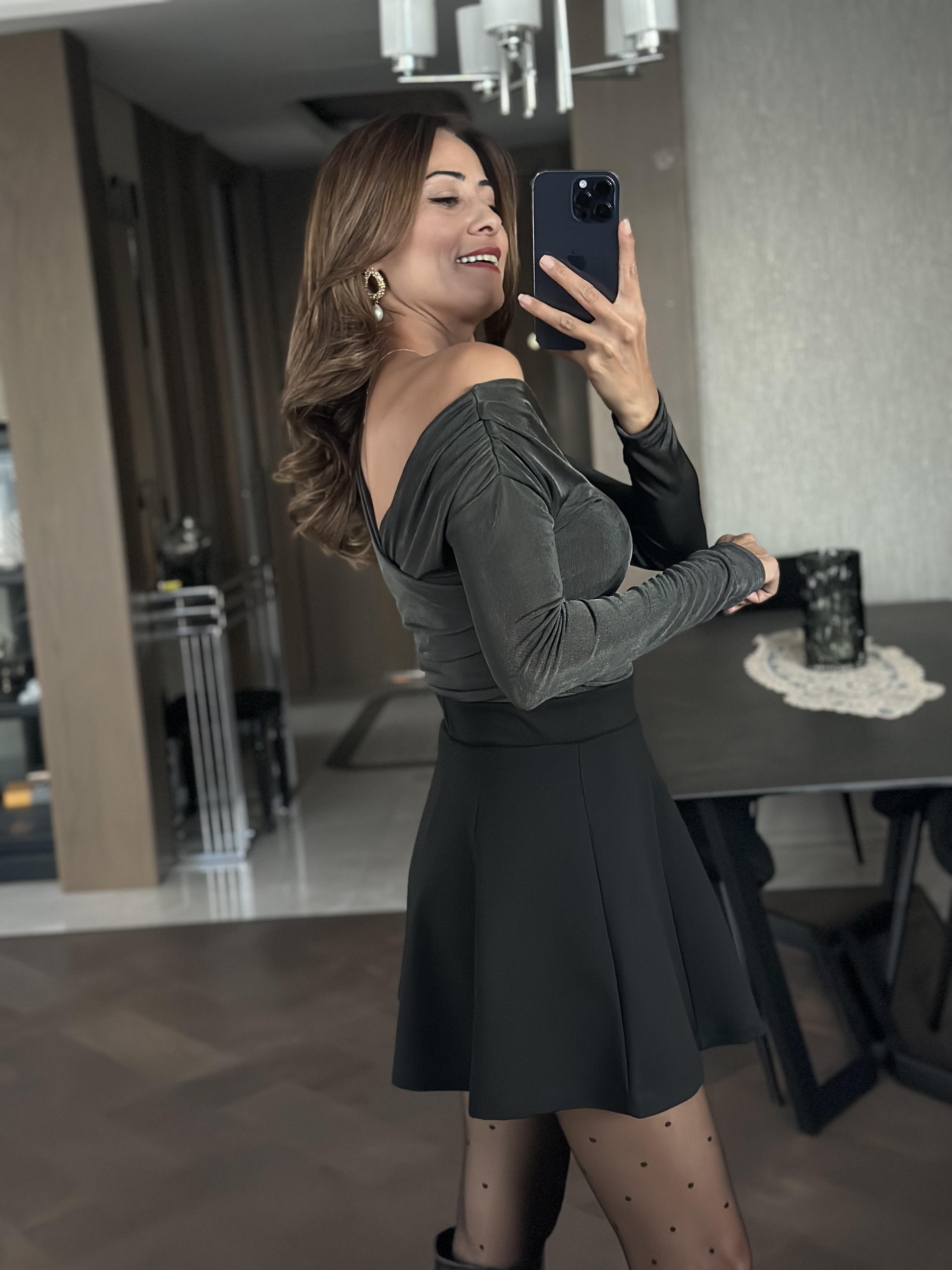 Antrasit Ön Ve Arka Kruvaze Yaka Yanları Büzgülü Buzzy Kadın Bluz