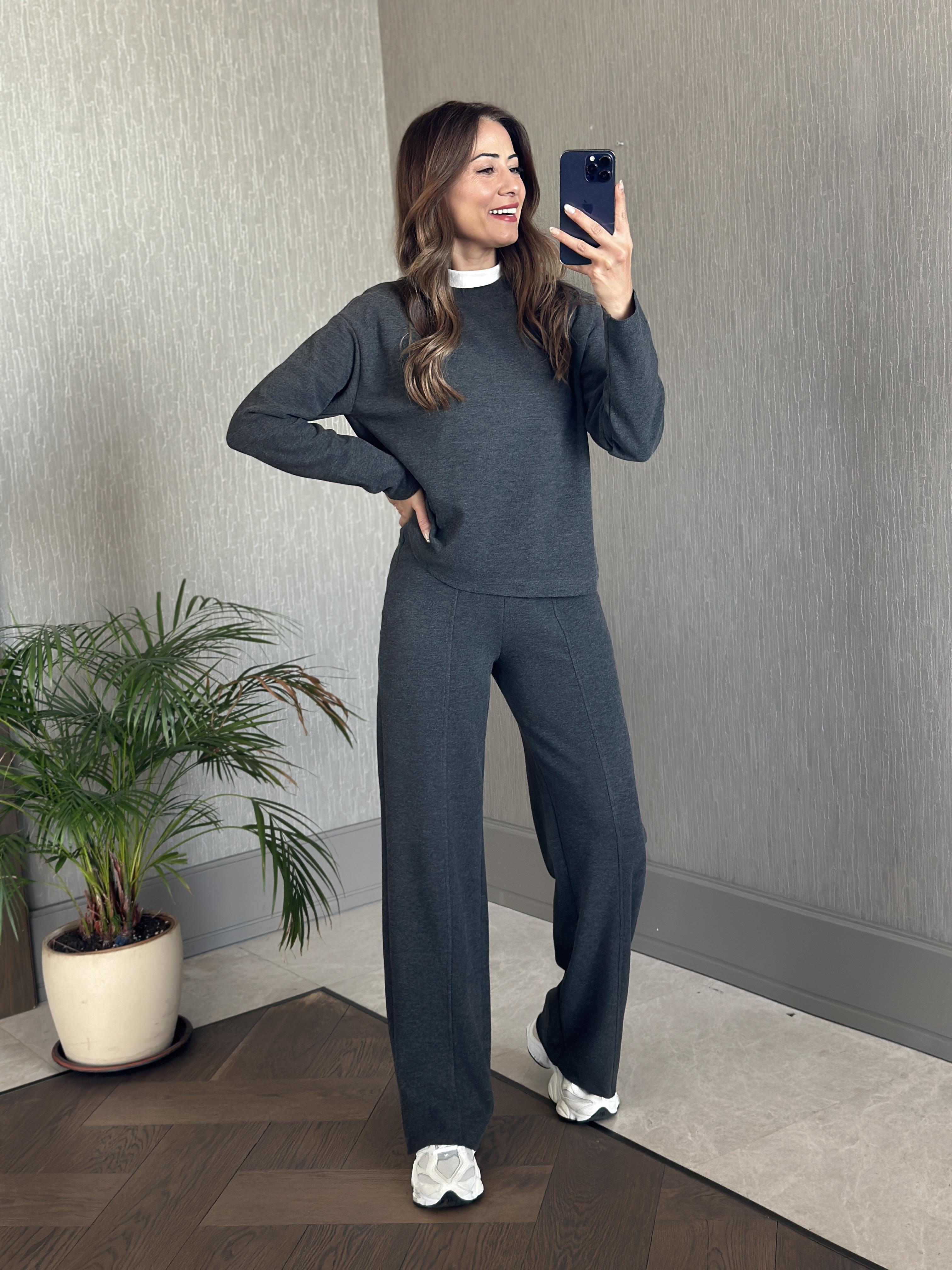 Antrasit Selanik Eteği Ve Paçası Kesik Sweatshirt Pantolon Kadın Alt Üst Takım