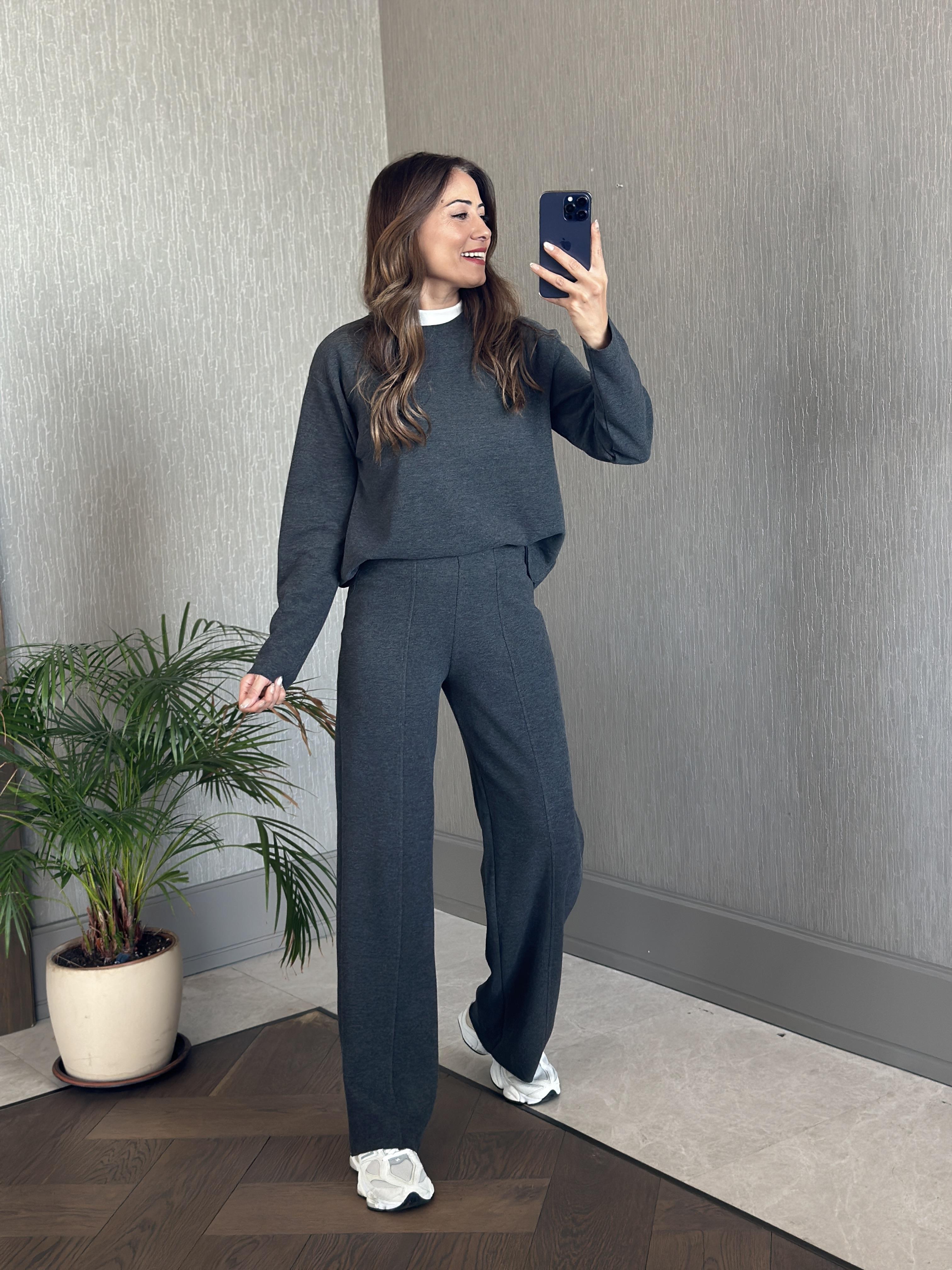 Antrasit Selanik Eteği Ve Paçası Kesik Sweatshirt Pantolon Kadın Alt Üst Takım