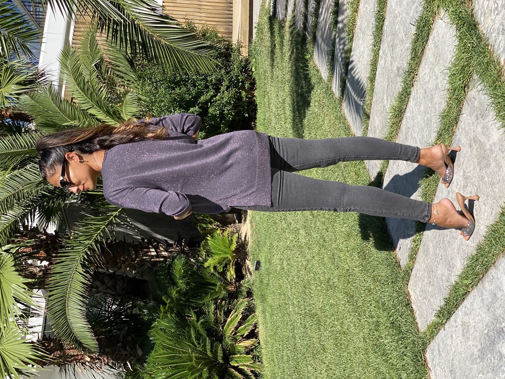 Antrasit Simli V Yaka Merserize Kadın Bluz