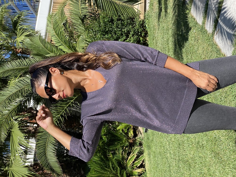 Antrasit Simli V Yaka Merserize Kadın Bluz