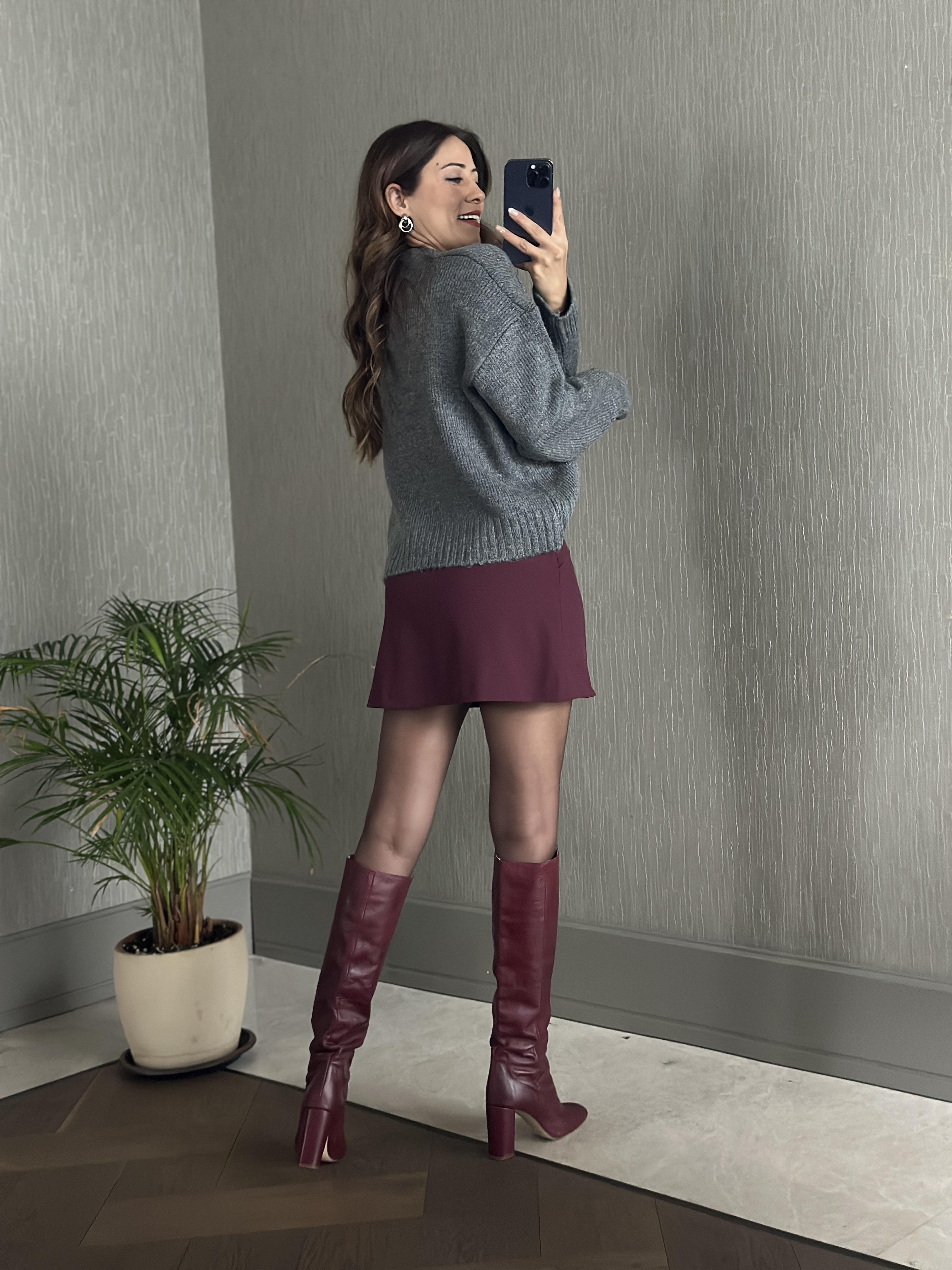 Antrasit Taş Kalp Dekolteli Bisiklet Yaka Kadın Triko Kazak