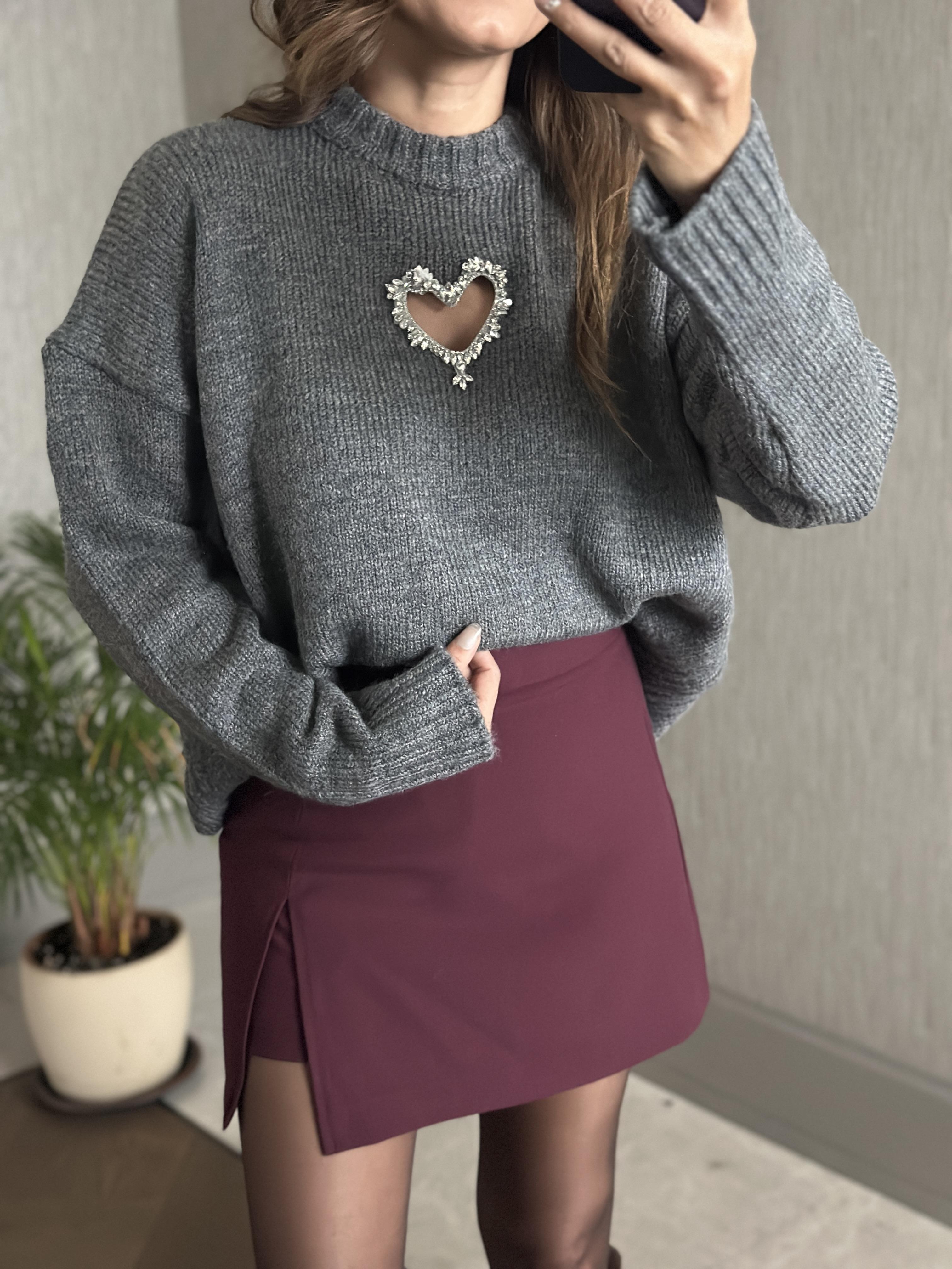 Antrasit Taş Kalp Dekolteli Bisiklet Yaka Kadın Triko Kazak