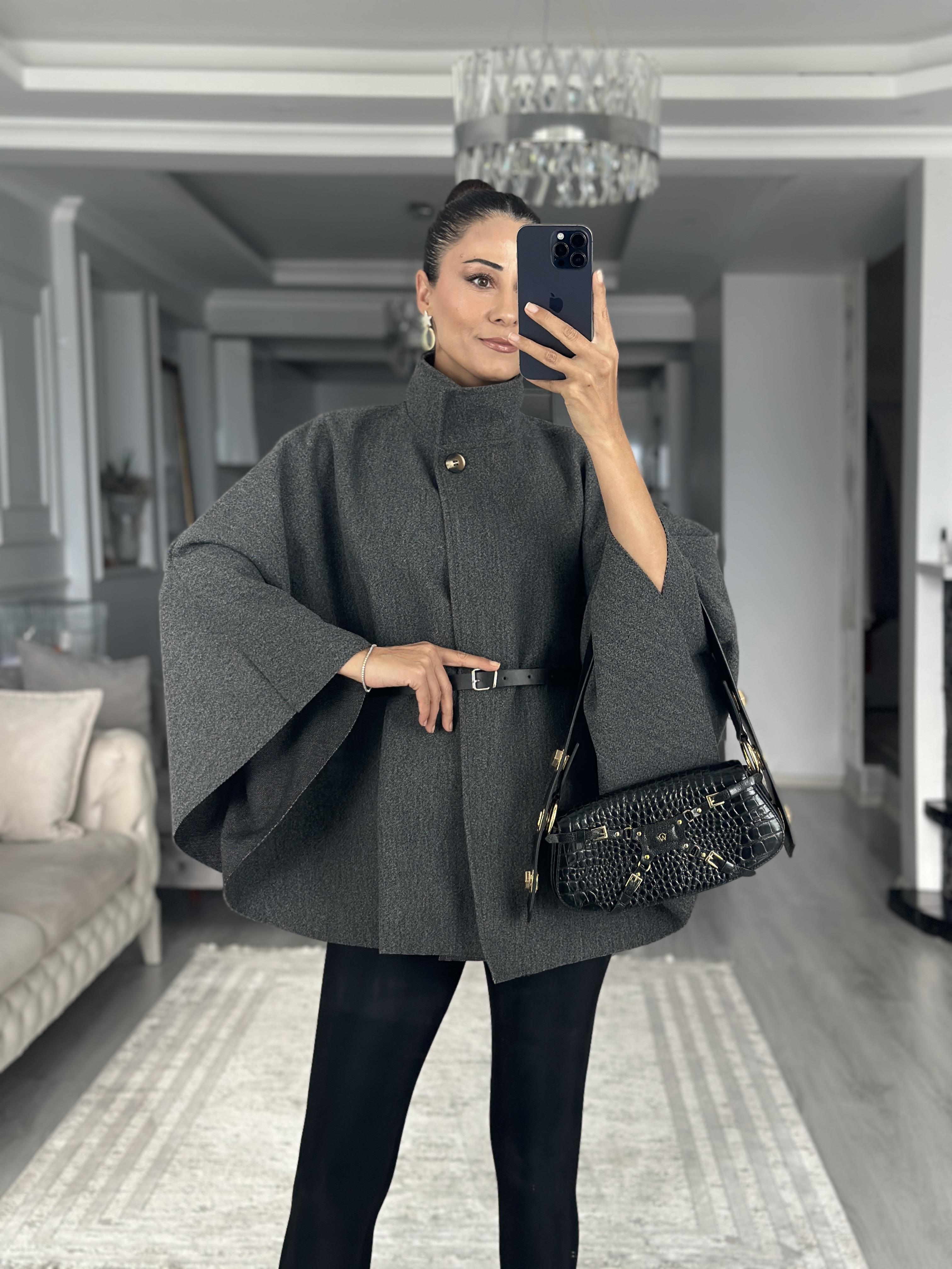 Antrasit Tek Düğmeli Dik Yaka Kemerli Kadın Kaşe Panço
