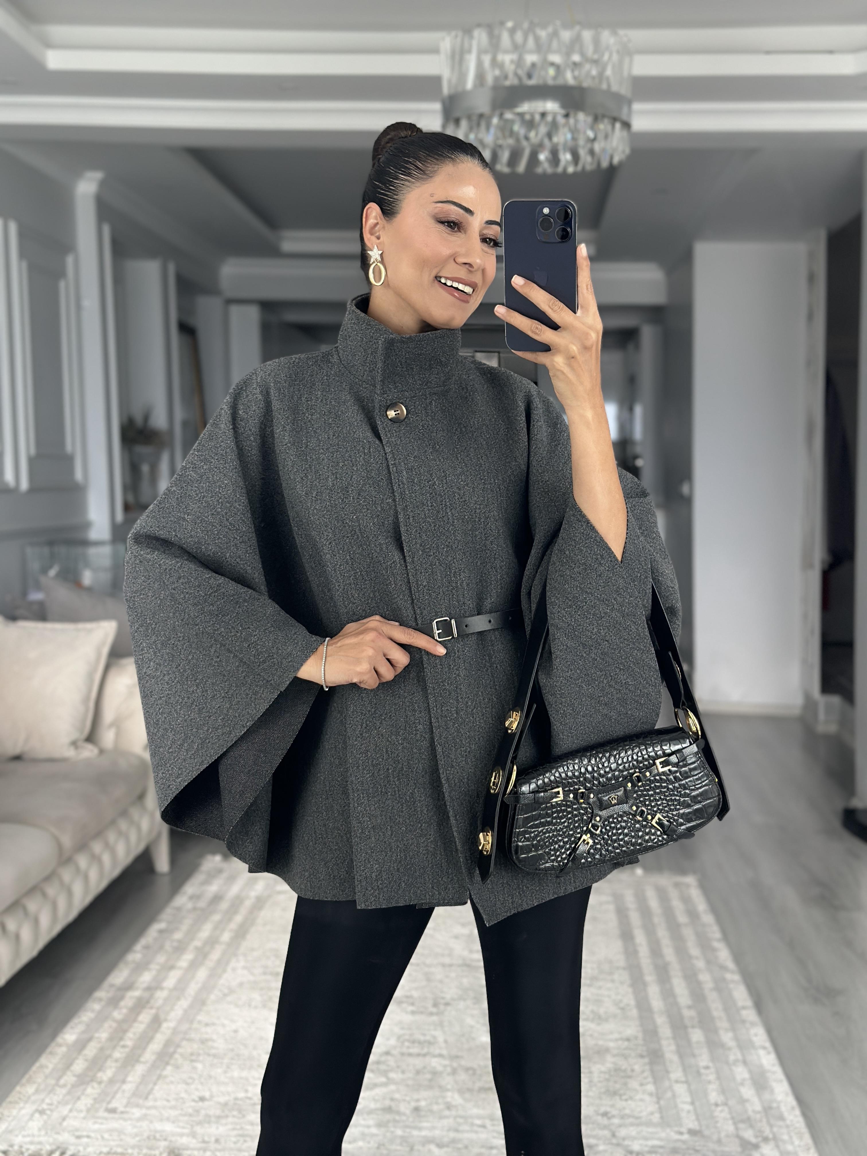 Antrasit Tek Düğmeli Dik Yaka Kemerli Kadın Kaşe Panço