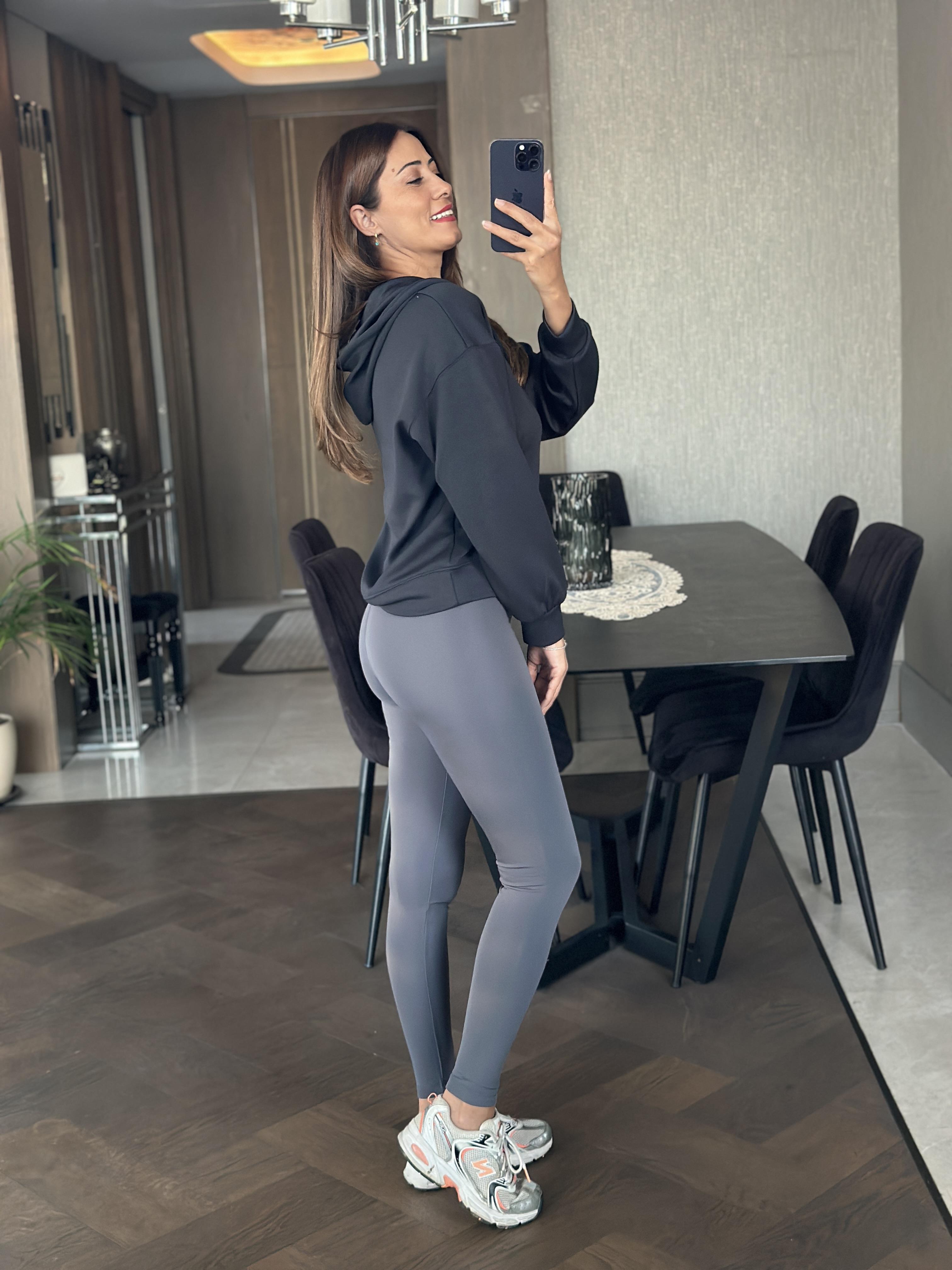Antrasit V Yaka Kapüşonlu Kadın Sweatshirt