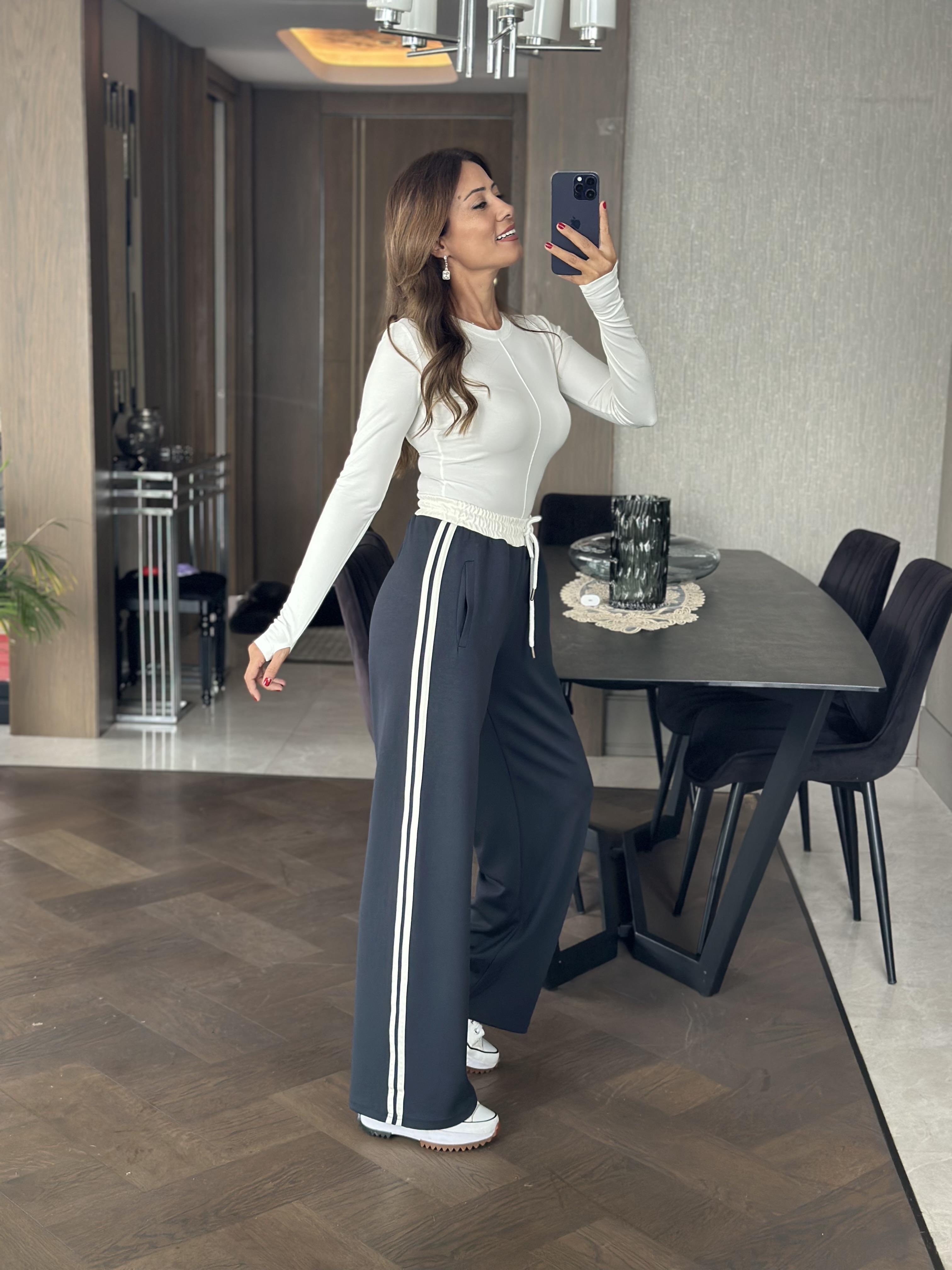 Antrasit Yanları Şeritli Bağcıklı Cepli Palazzo Kadın Eşofman Altı