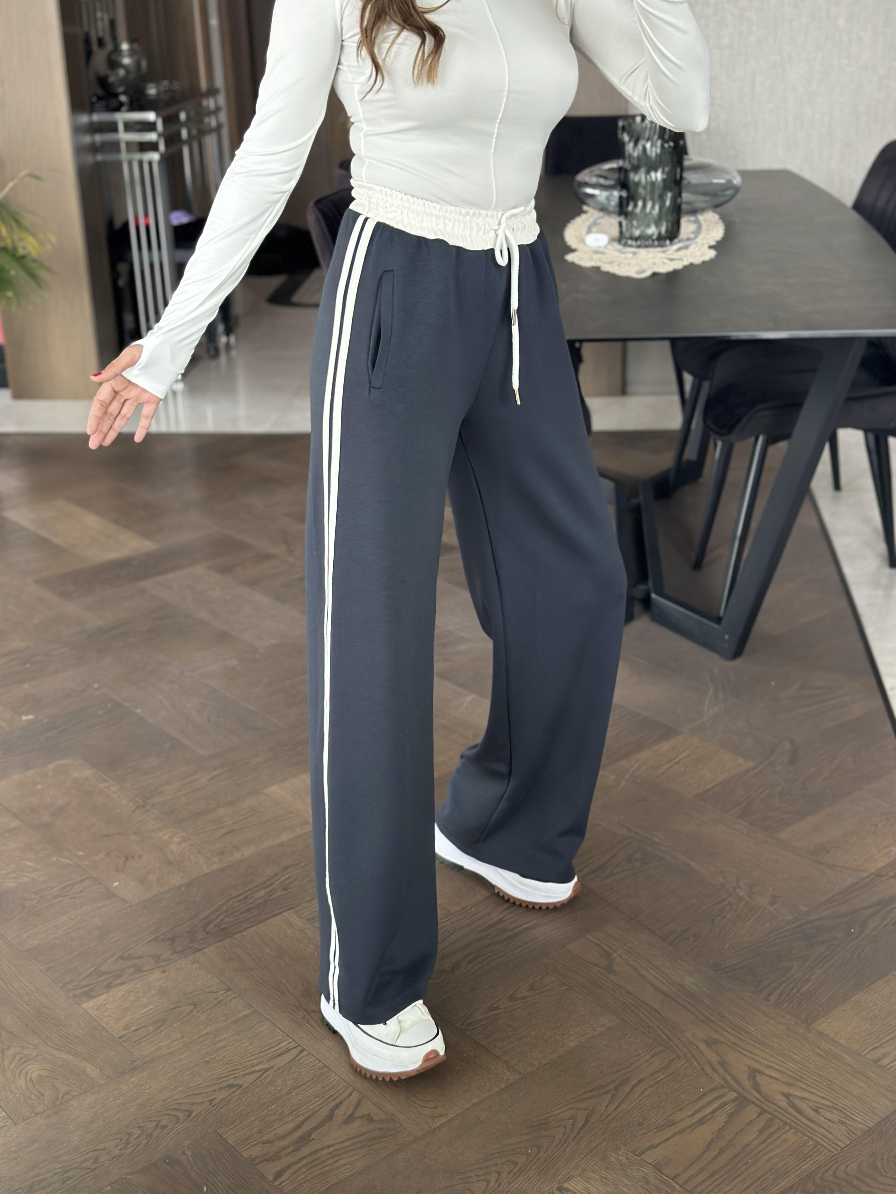 Antrasit Yanları Şeritli Bağcıklı Cepli Palazzo Kadın Eşofman Altı