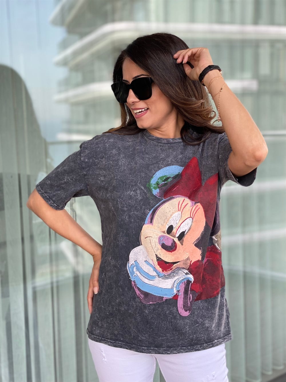 Antrasit Yıkamalı Mini Baskılı T-Shirt