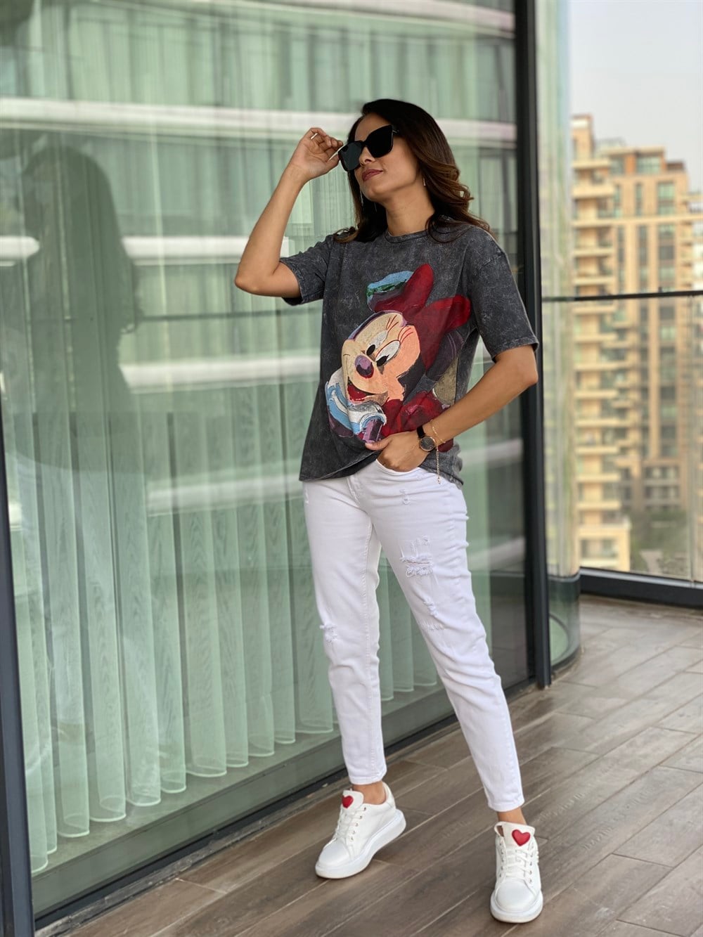 Antrasit Yıkamalı Mini Baskılı T-Shirt