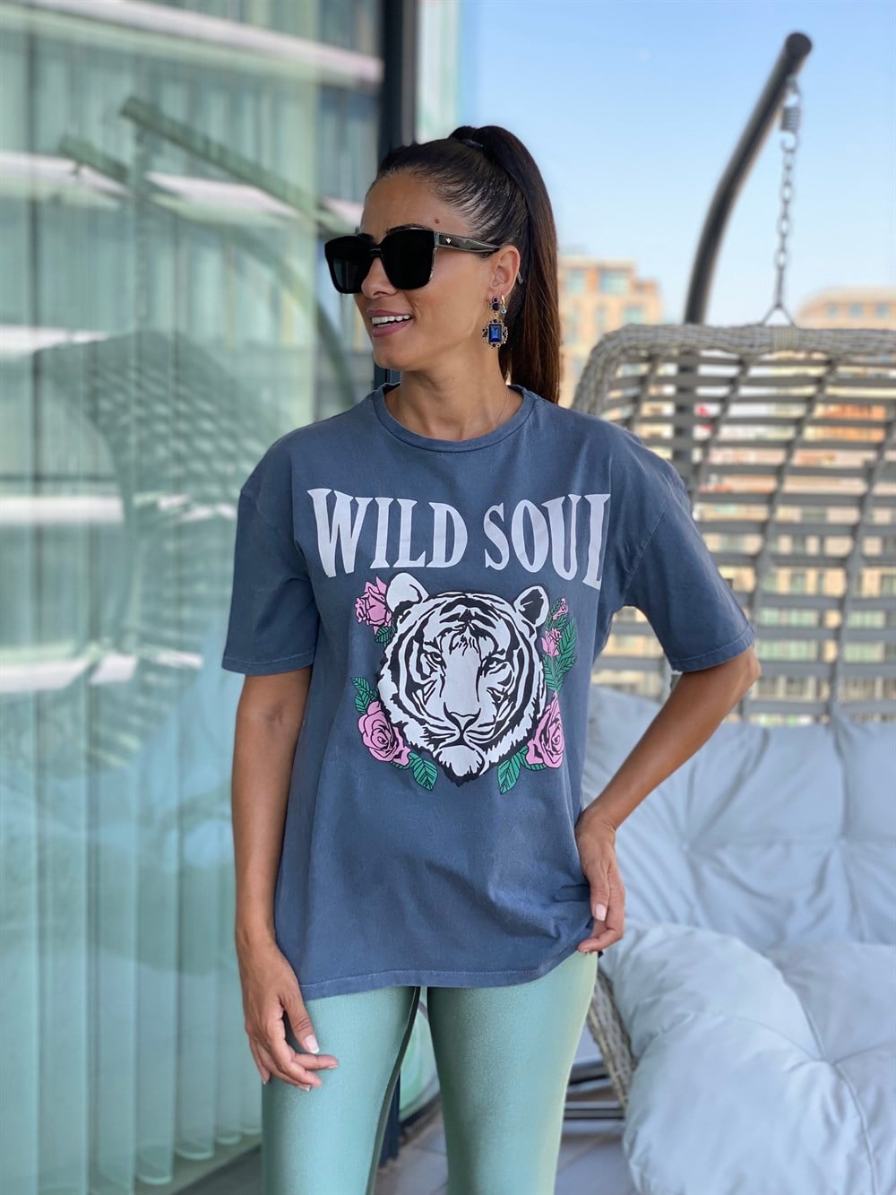 Antrasit Yıkamalı Wıld Soul Kadın T-Shirt