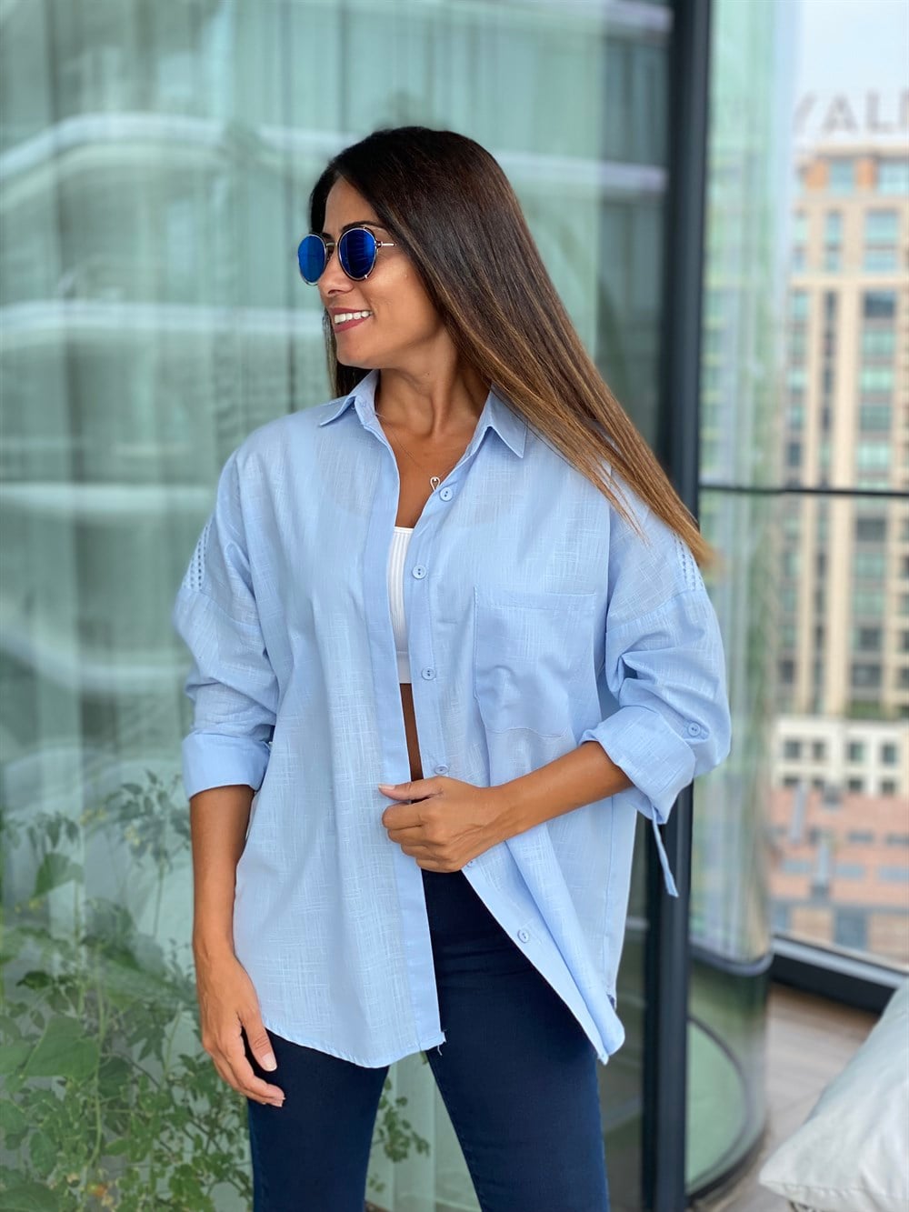 Bebe Mavi Arka Roba Örme Flam Keten Kadın Gömlek