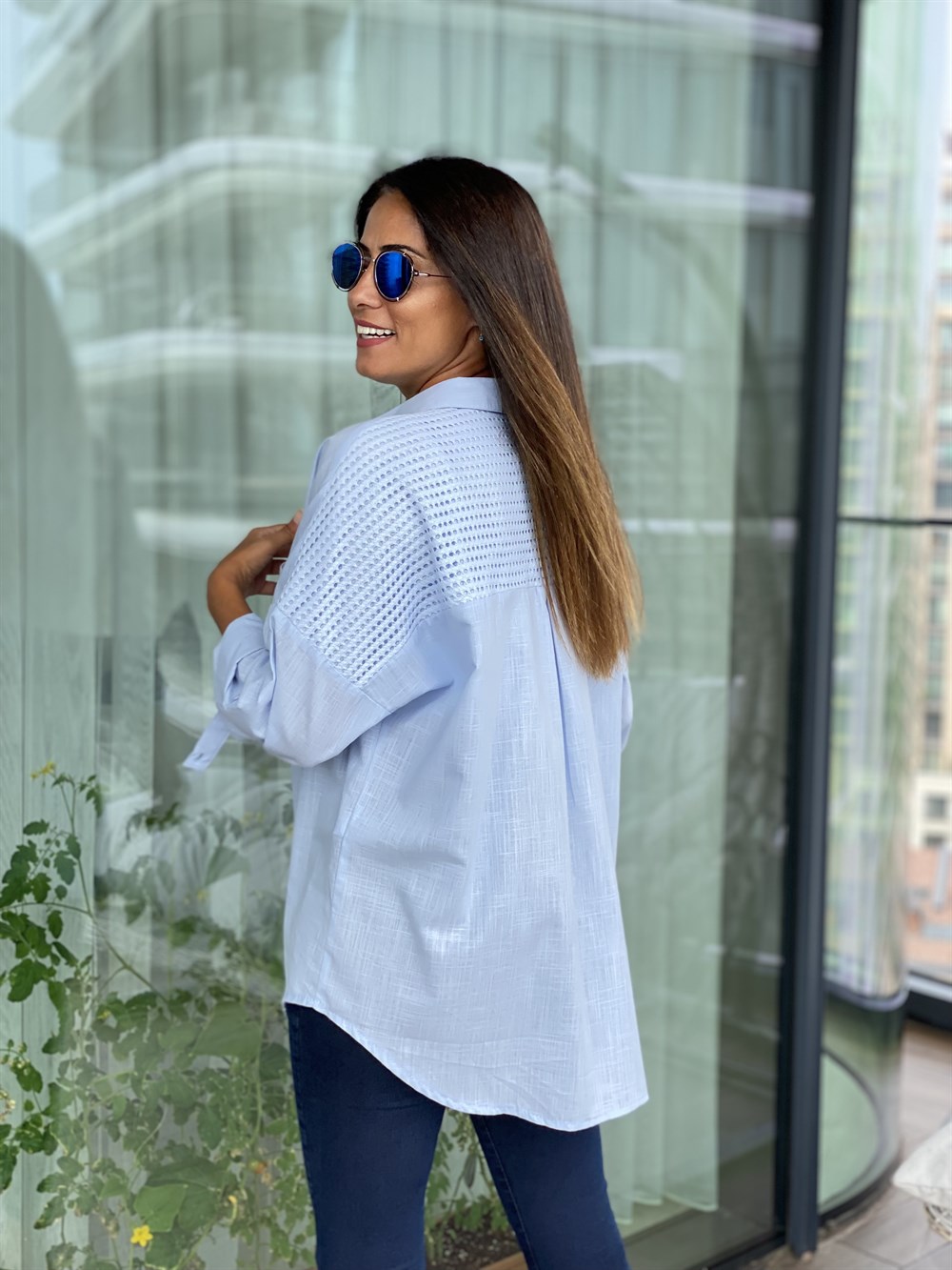 Bebe Mavi Arka Roba Örme Flam Keten Kadın Gömlek