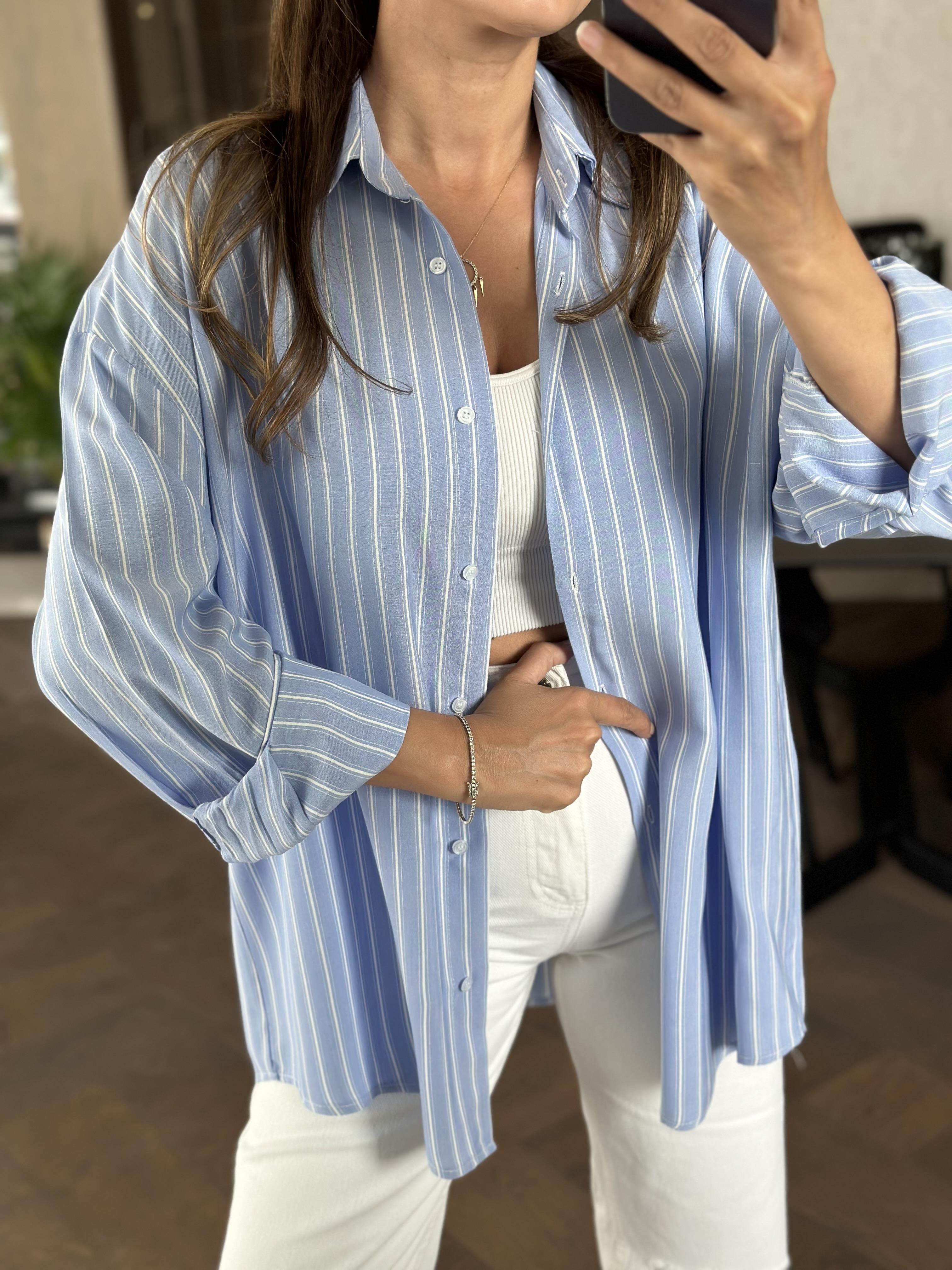Bebe Mavi Çizgili Mng Model Oversize Kadın Gömlek