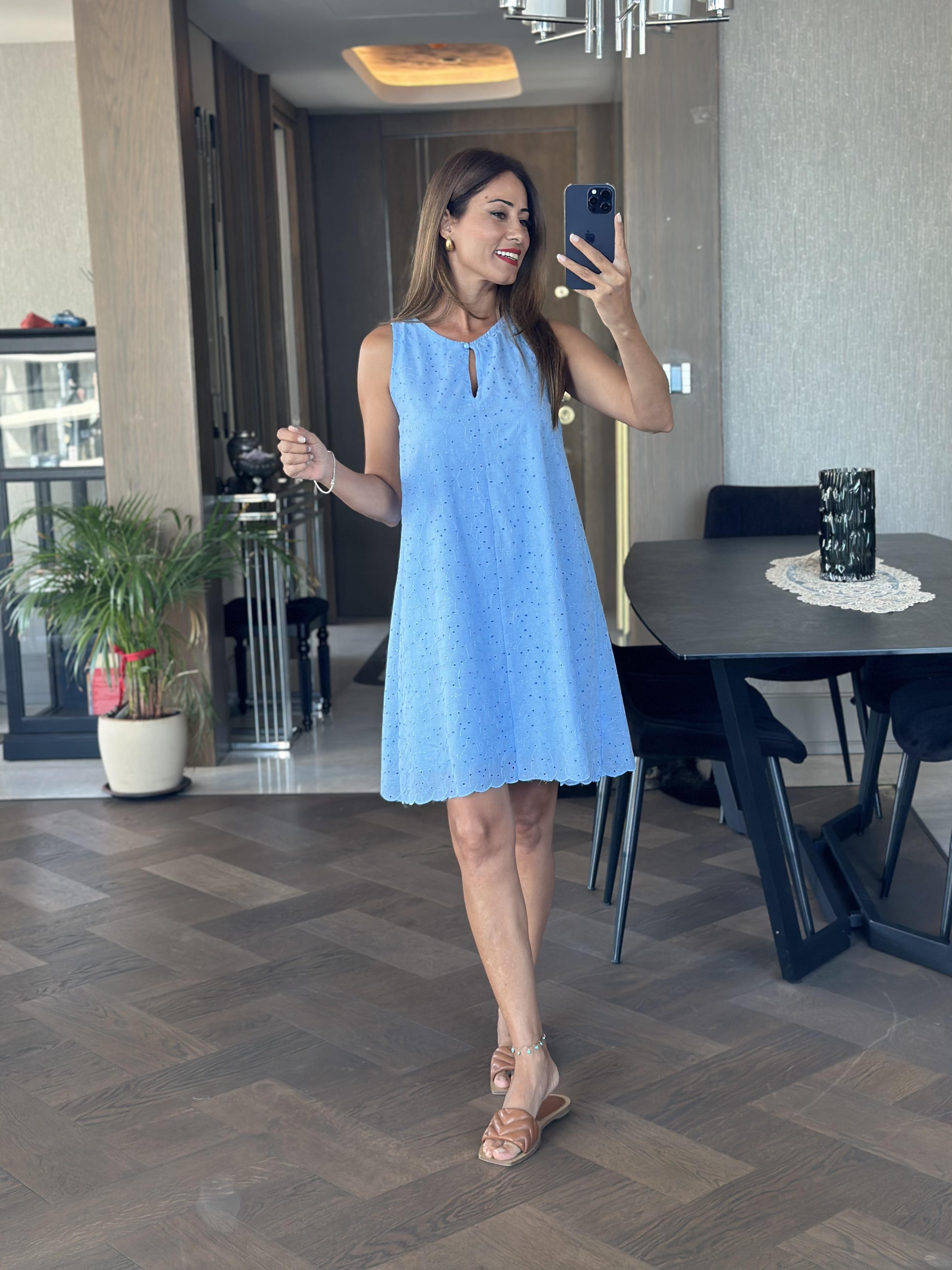 Bebe Mavi Fisto Ön Yakası Düğme Detay Kadın Çan Elbise
