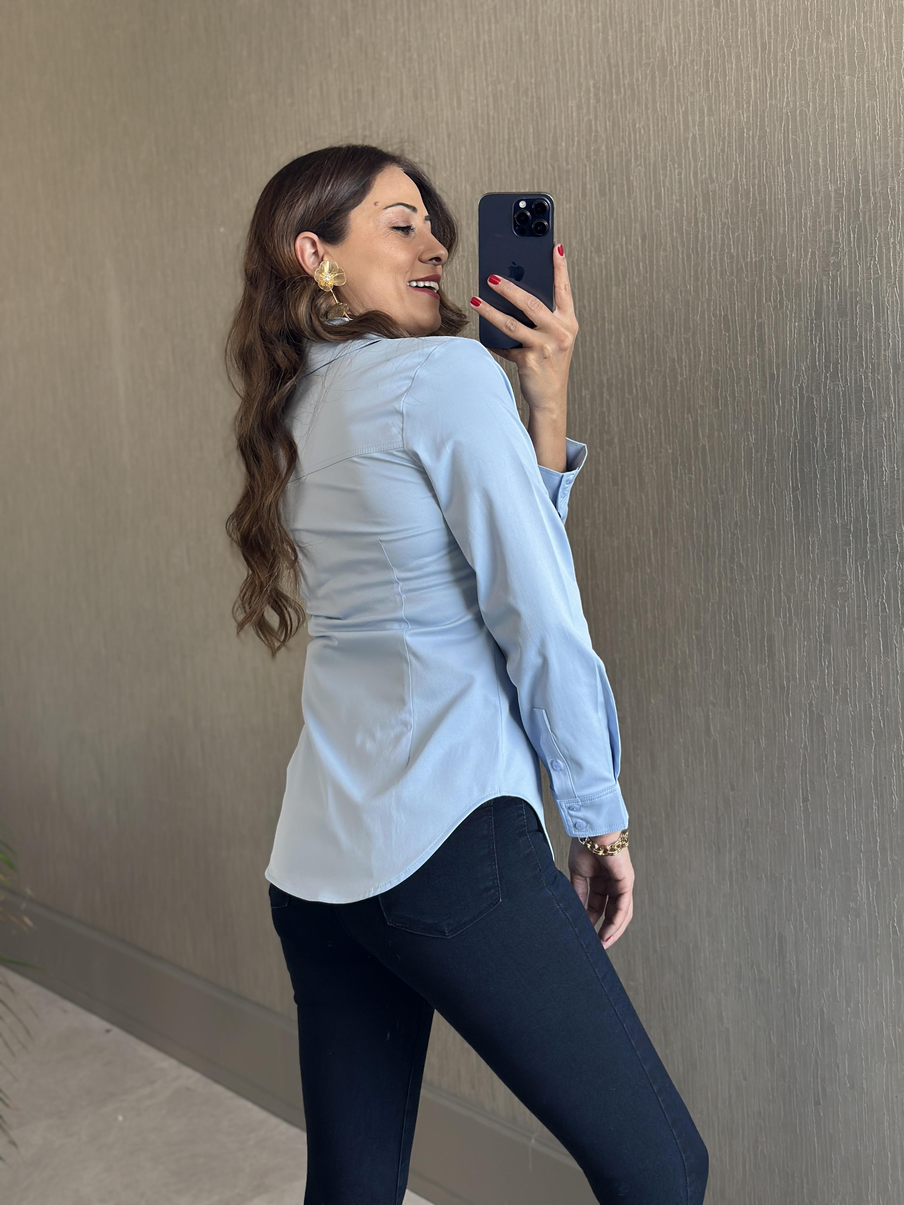Bebe Mavi Karol Gizli Patlı Slim Fit Kadın Gömlek
