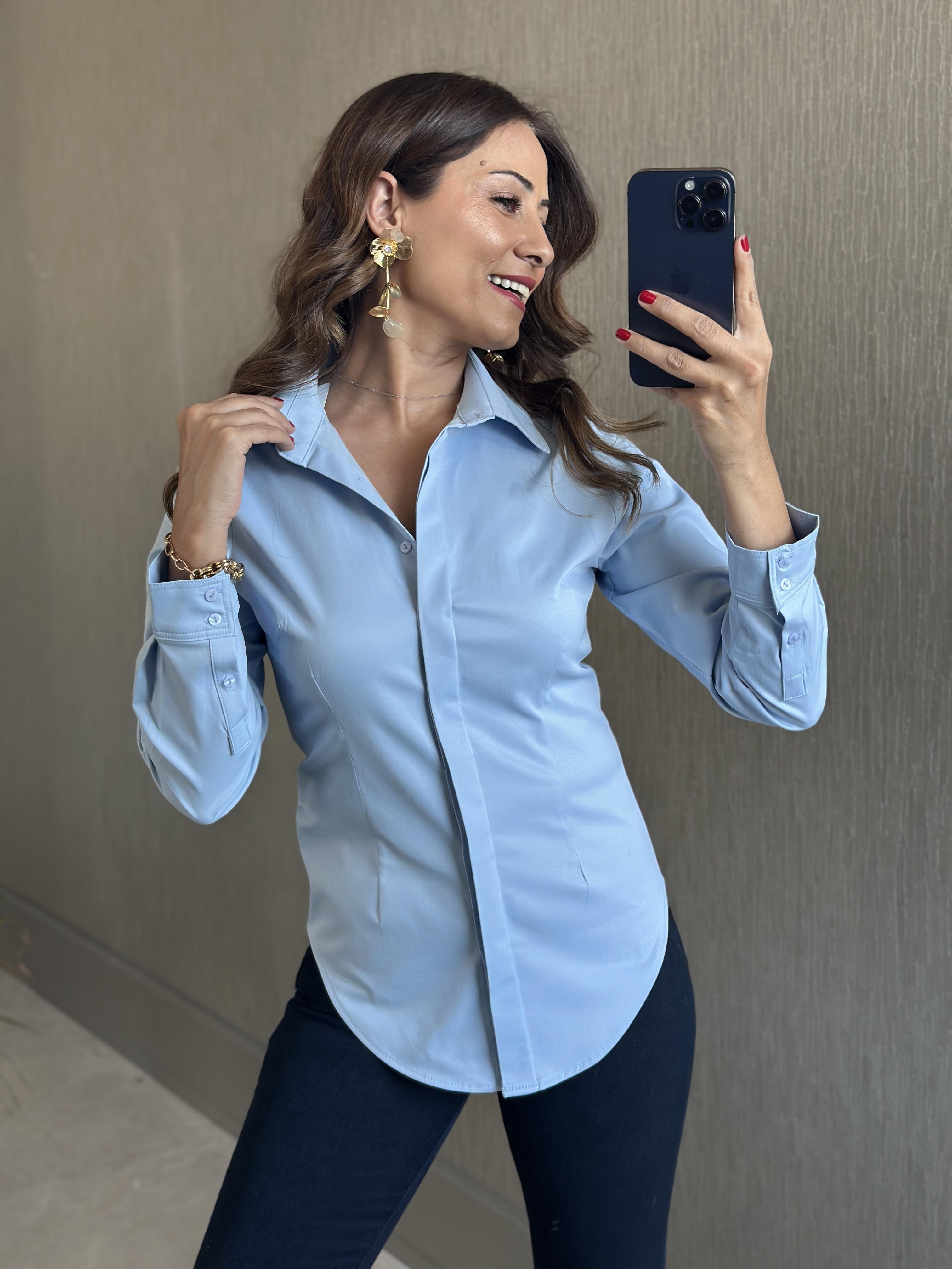 Bebe Mavi Karol Gizli Patlı Slim Fit Kadın Gömlek