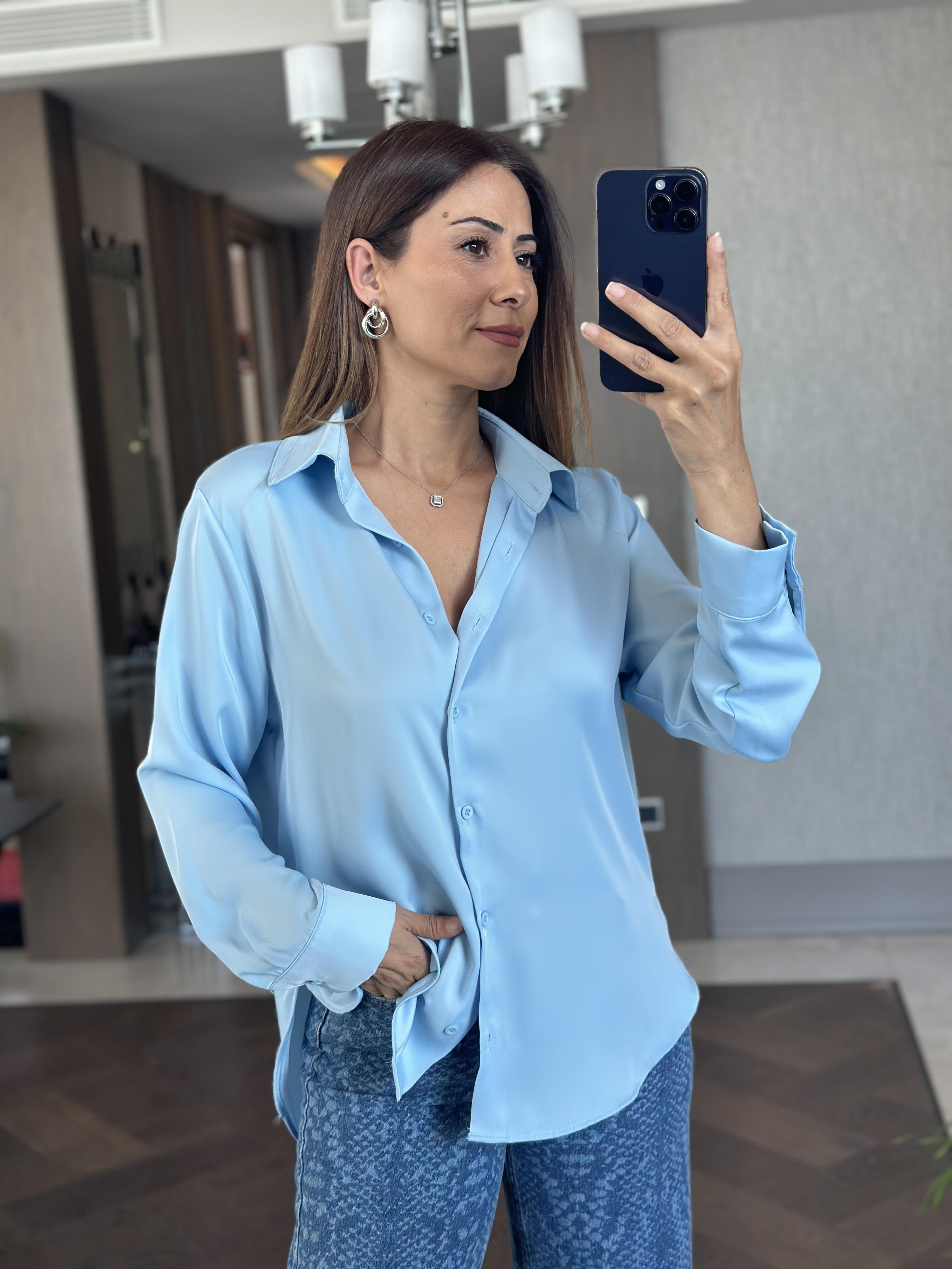 Bebe Mavi Karol Uzun Kol Saten Kadın Gömlek