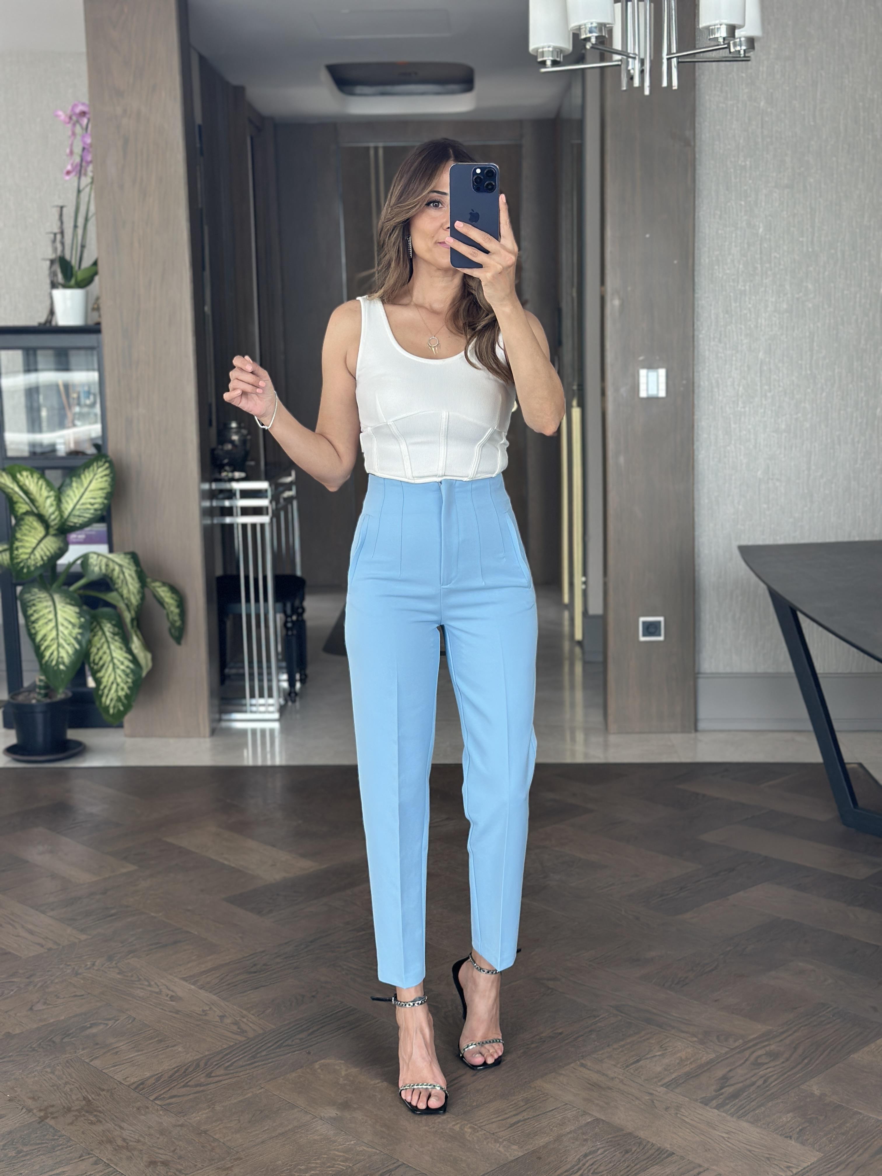 Bebe Mavi Yüksek Bel Önü Flatolu Kadın Kumaş Pantolon