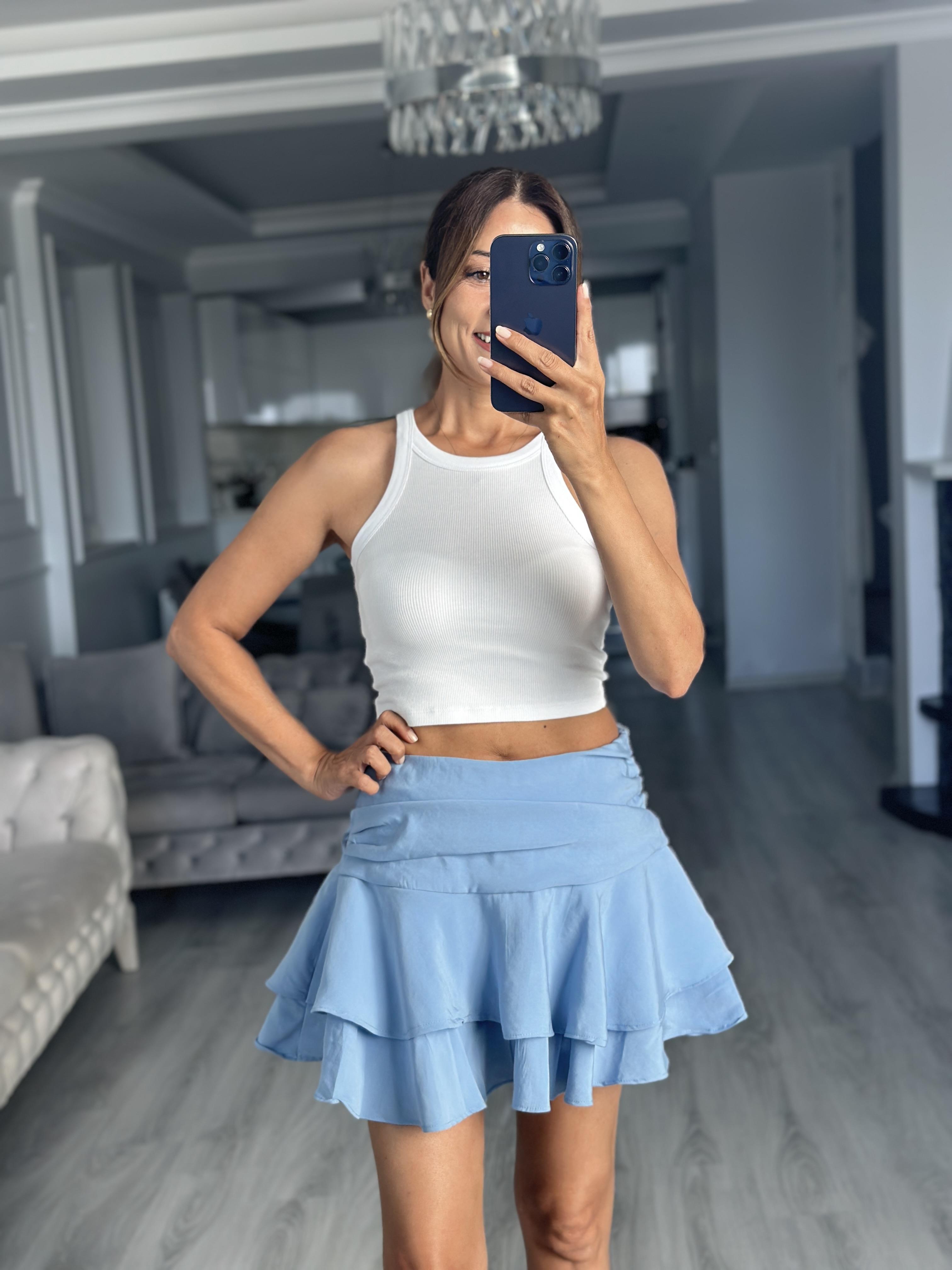 Bebe Mavi Katlı Beli Drapeli İçi Şortlu Kadın Mini Etek