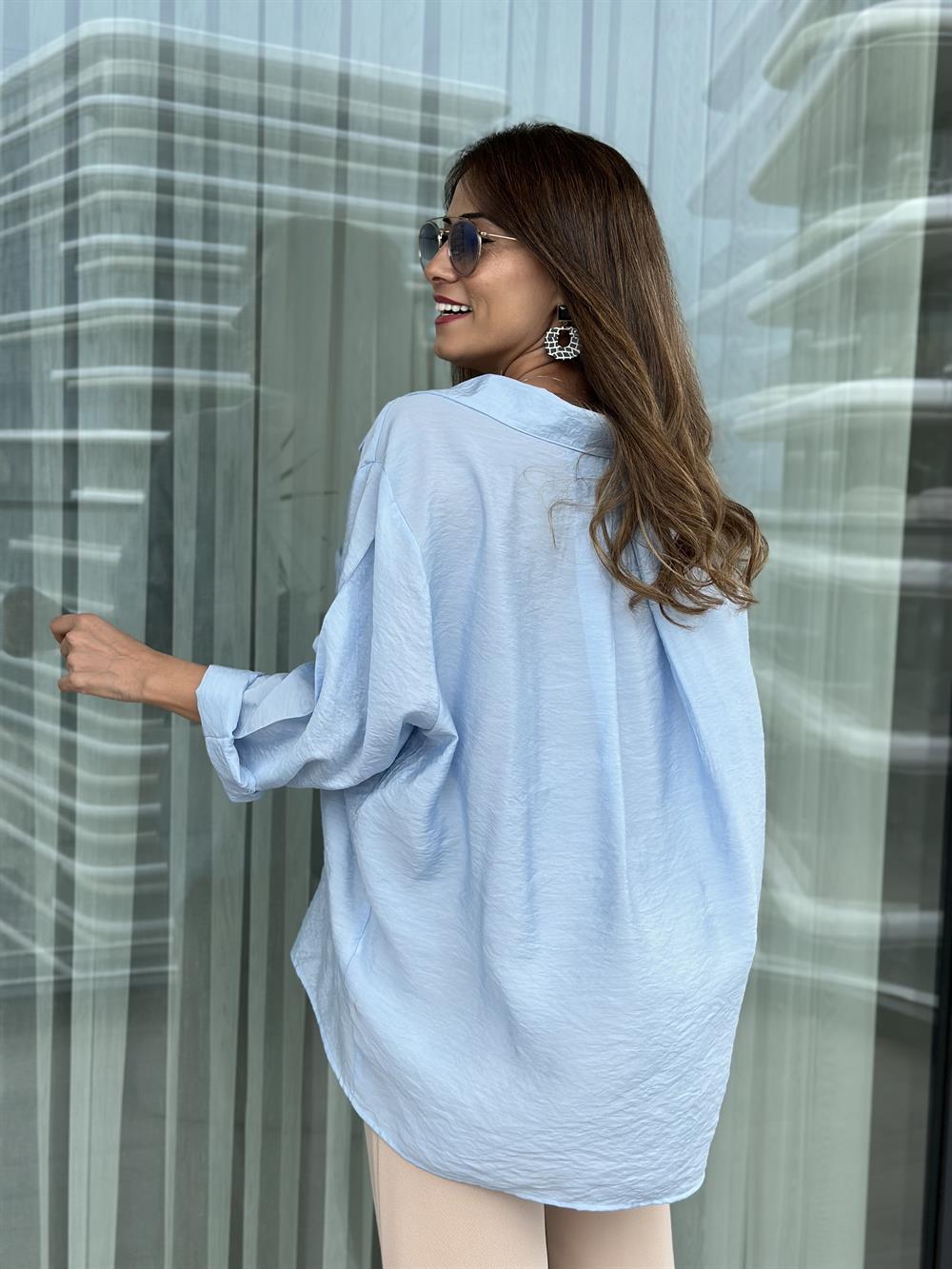 Bebe Mavi Krinkıl Oversize Kadın Gömlek