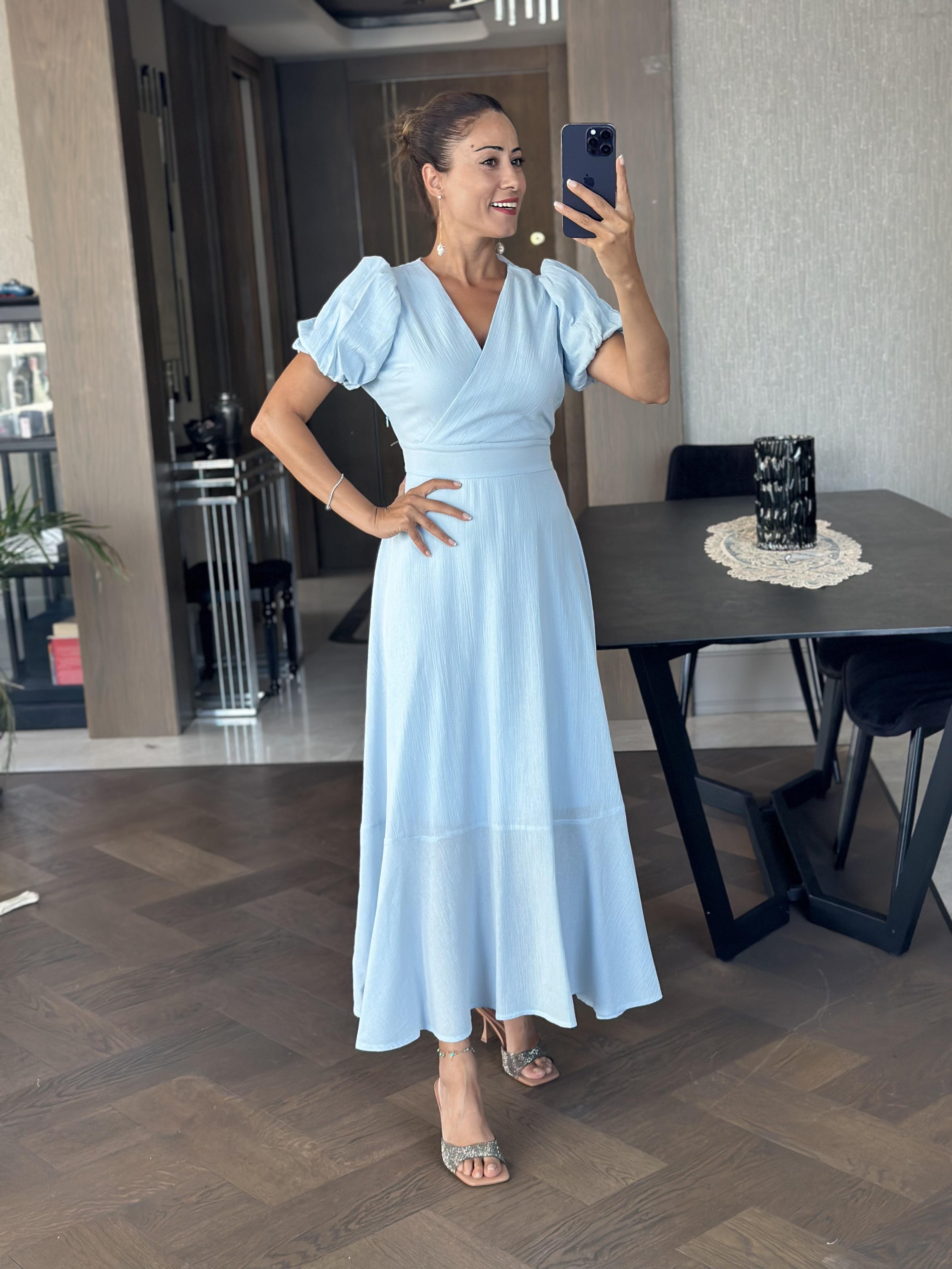 Bebe Mavi Kruvaze Yaka Kuşaklı Kol Uçları Lastikli Midi Boy Kadın Elbise