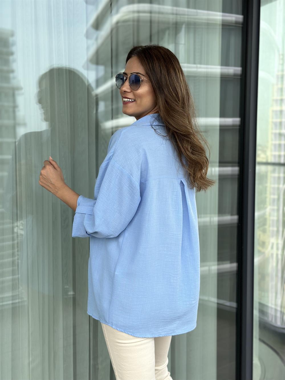 Bebe Mavi Midye İşlemeli Keten Aerobin Kadın Gömlek