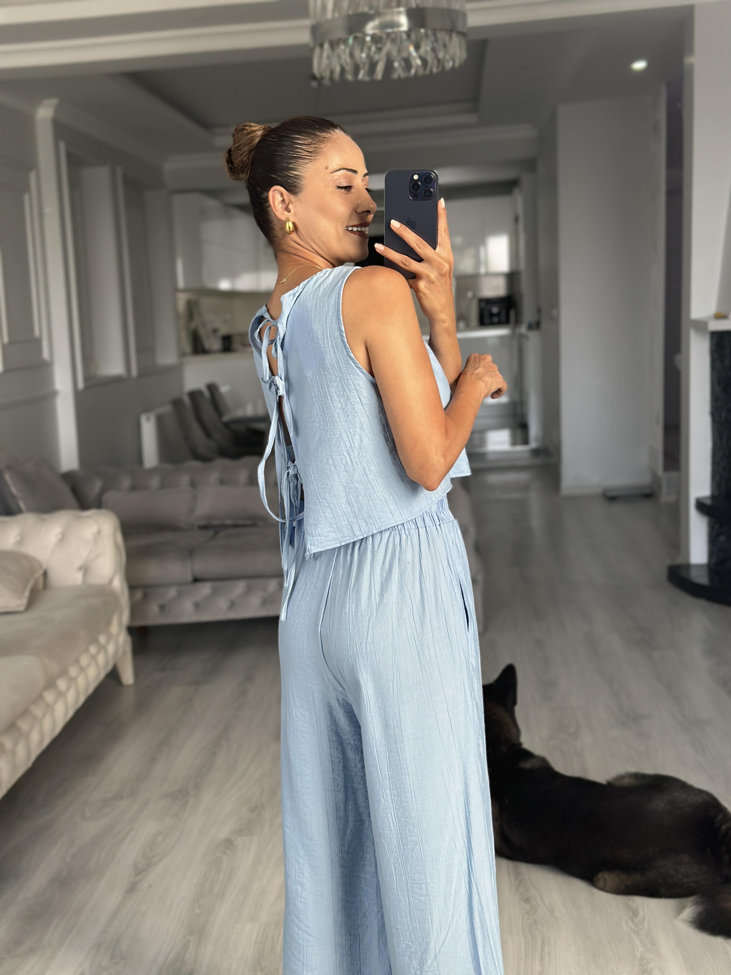 Bebe Mavi Sıfır Kol Arkası Bağcıklı Bluz Pantolon Kadın İkili Takım