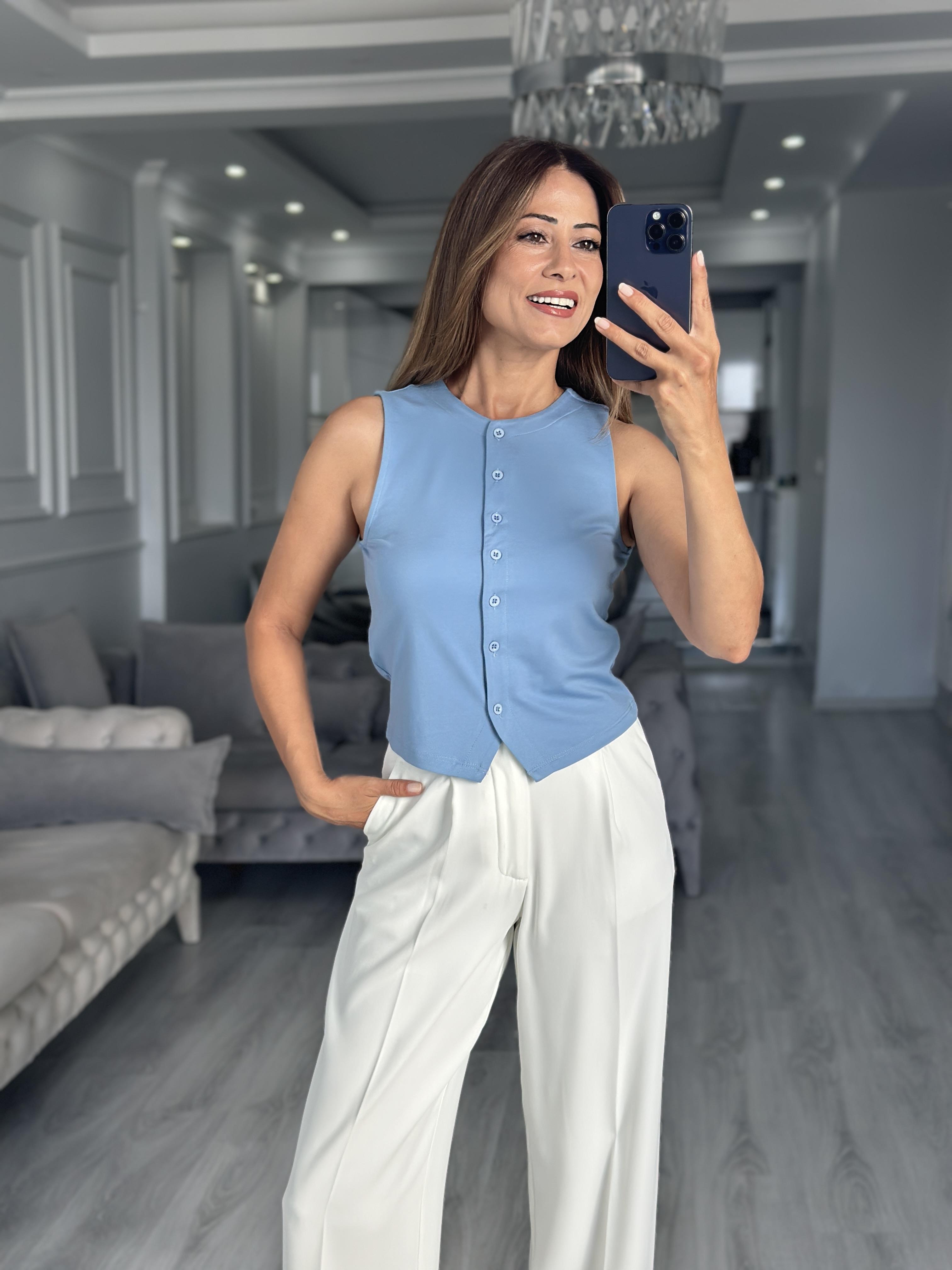 Bebe Mavi Sıfır Kol Düğmeli Bisiklet Yaka Kadın Yelek Bluz