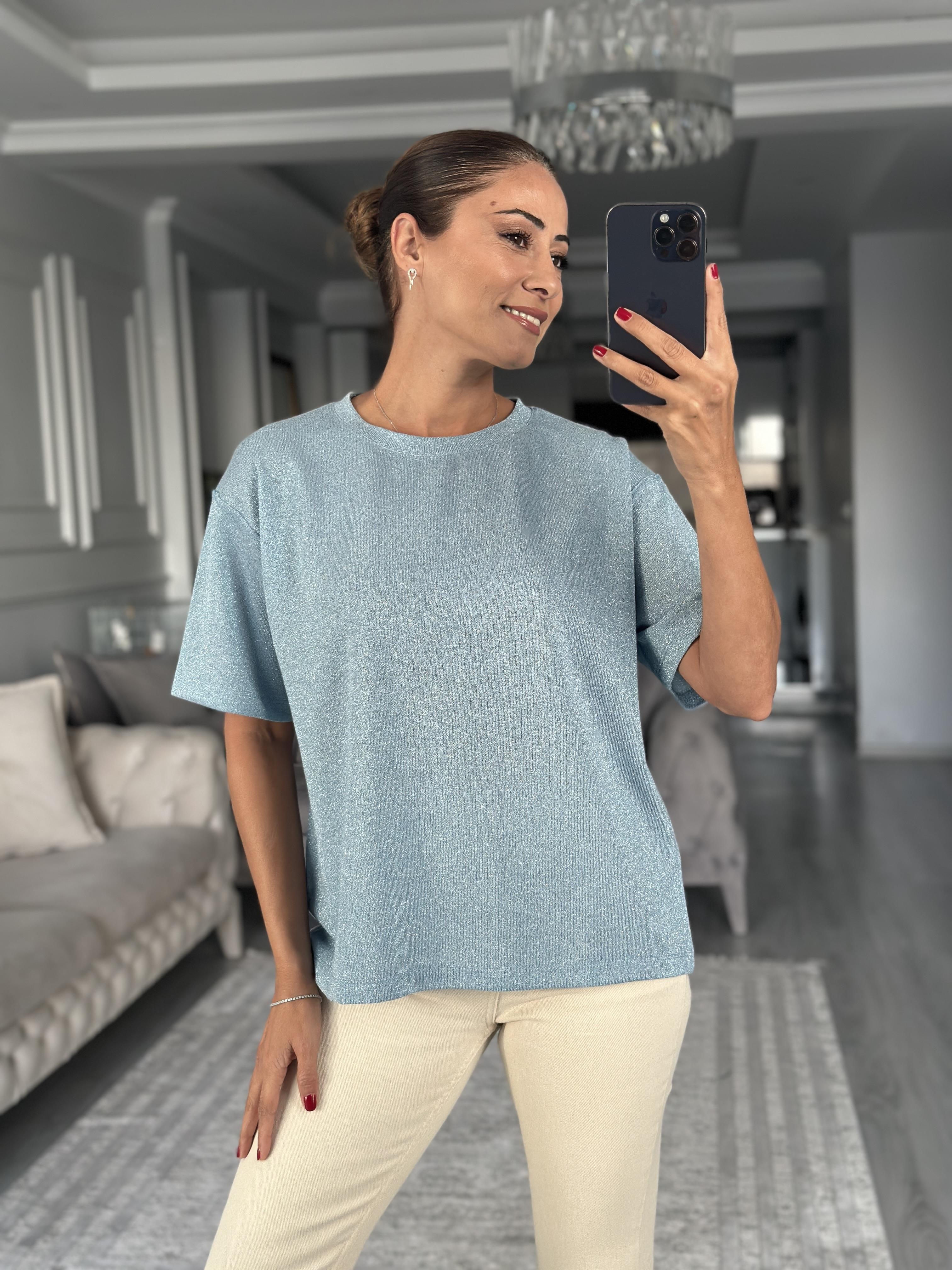 Bebe Mavi Simli Bisiklet Yaka Basic Kadın T-Shirt