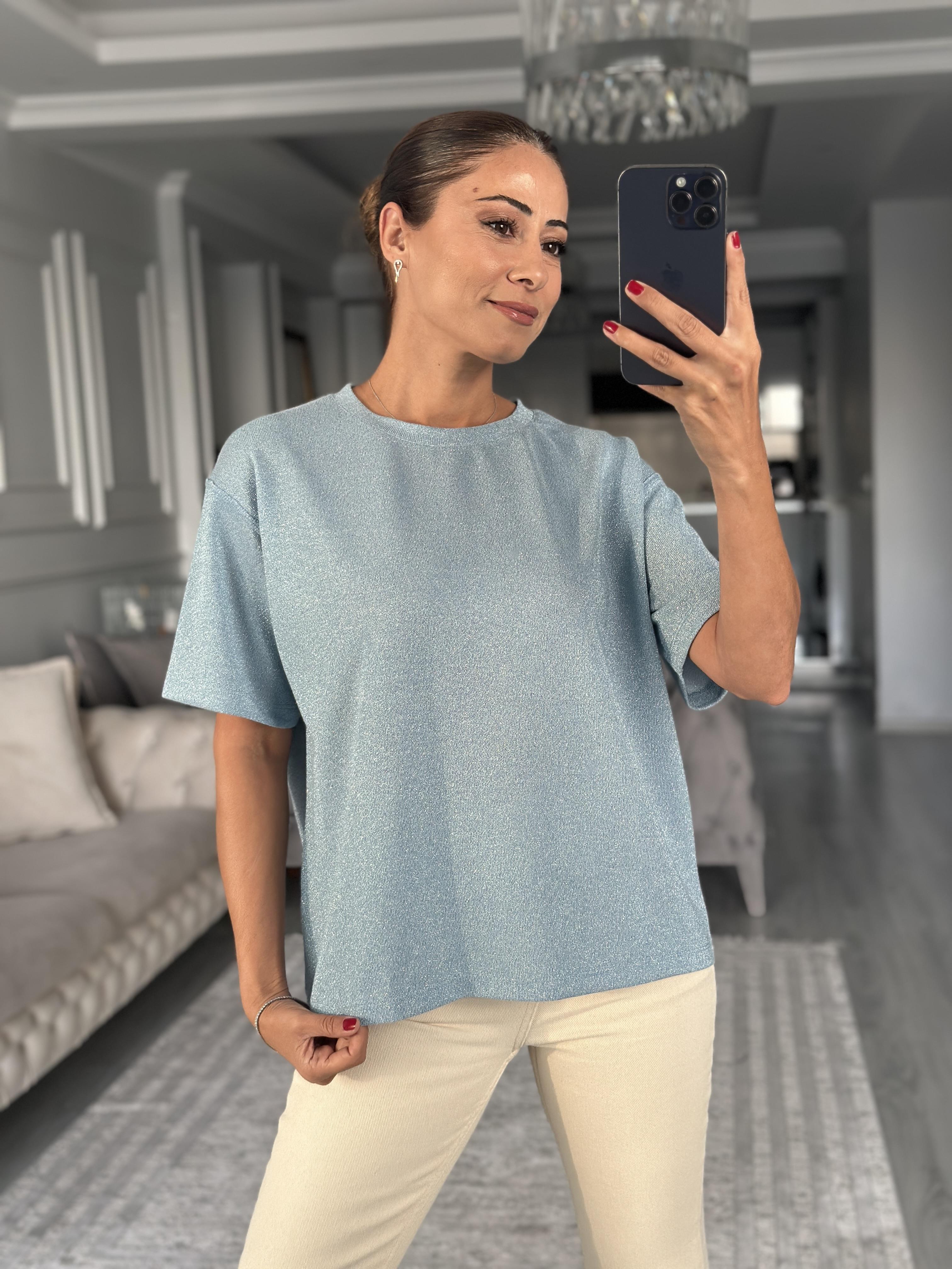 Bebe Mavi Simli Bisiklet Yaka Basic Kadın T-Shirt