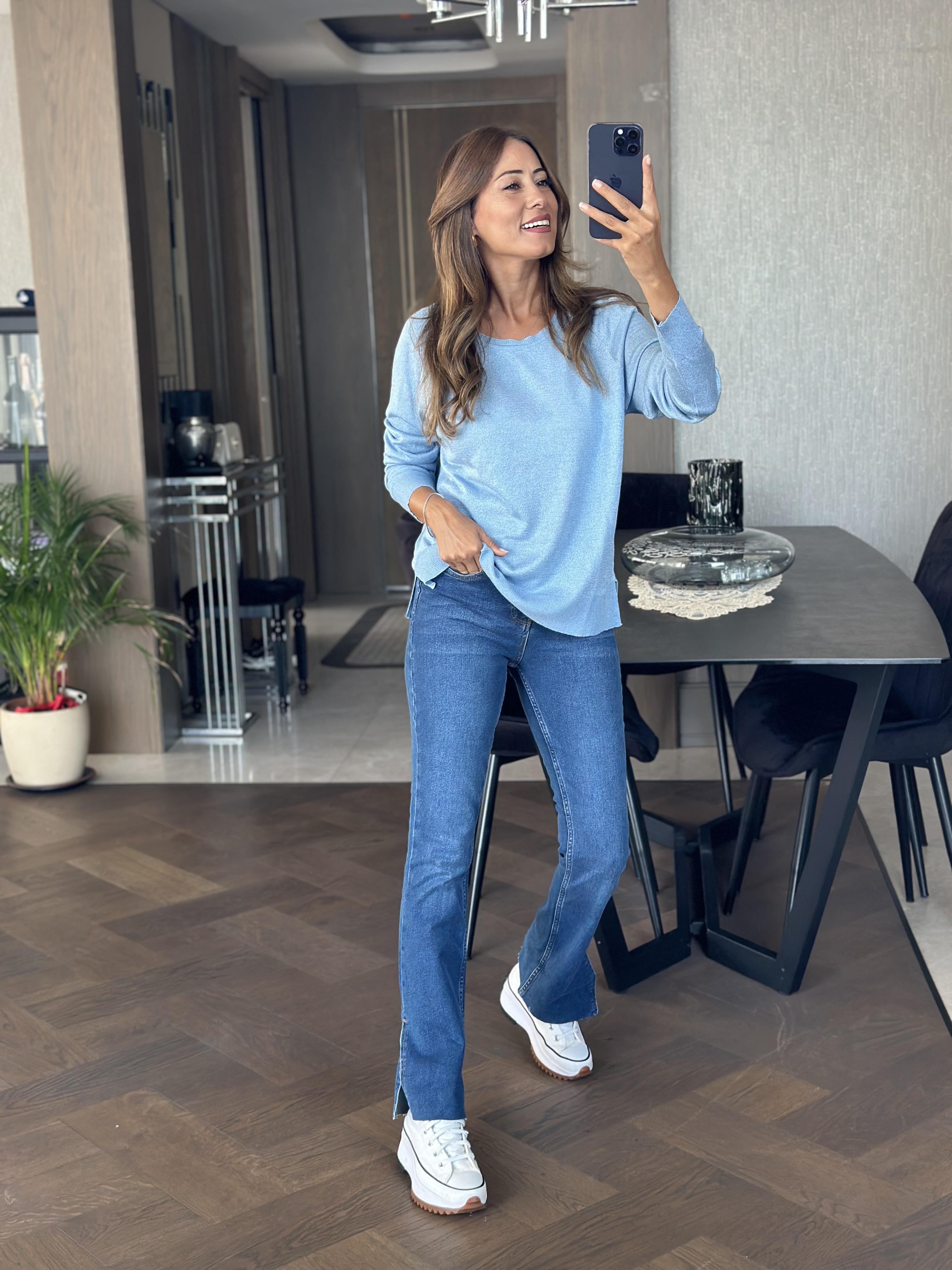 Bebe Mavi Simli Bisiklet Yaka Uzun Kol Dilvn Merserize Kadın Bluz