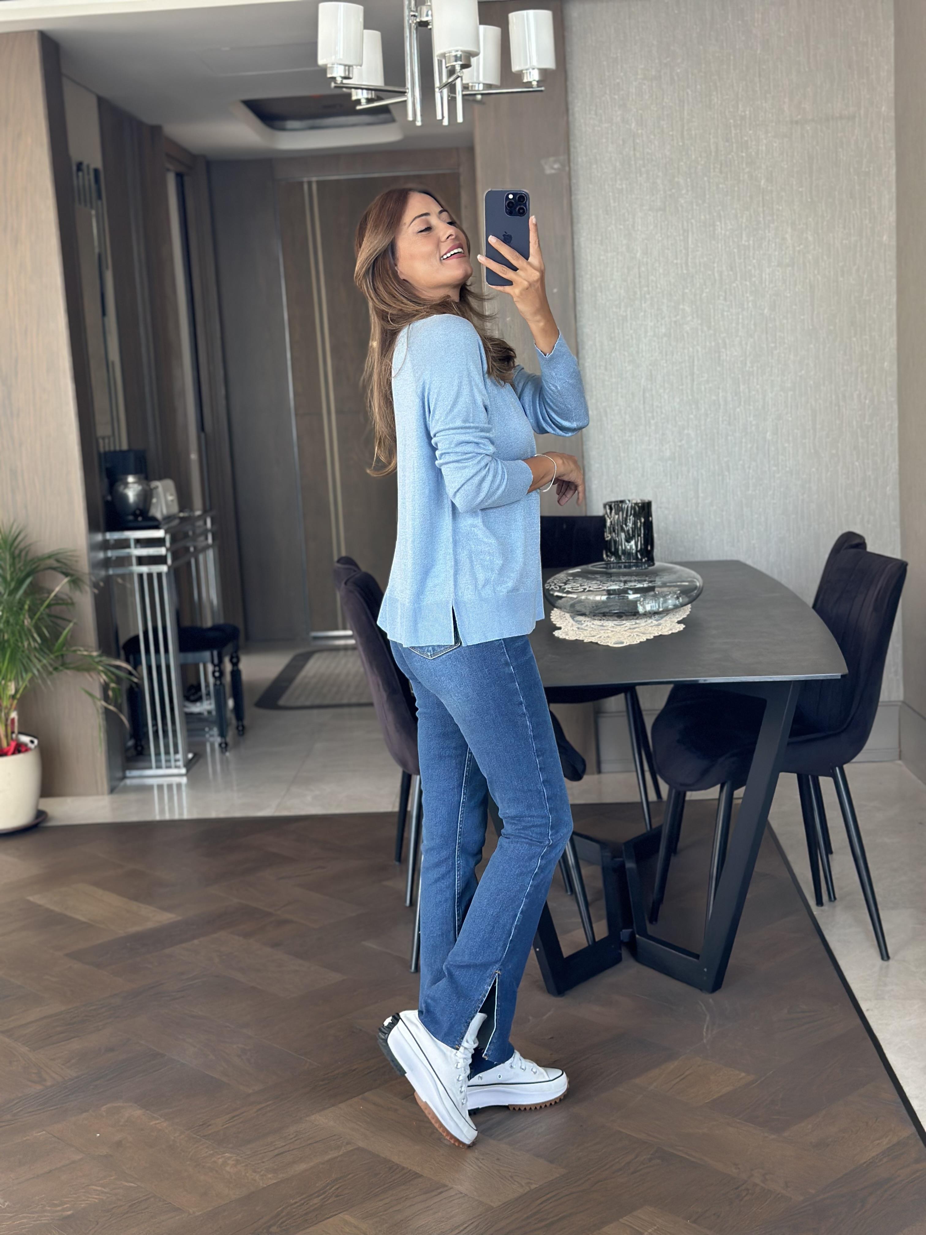 Bebe Mavi Simli Bisiklet Yaka Uzun Kol Dilvn Merserize Kadın Bluz