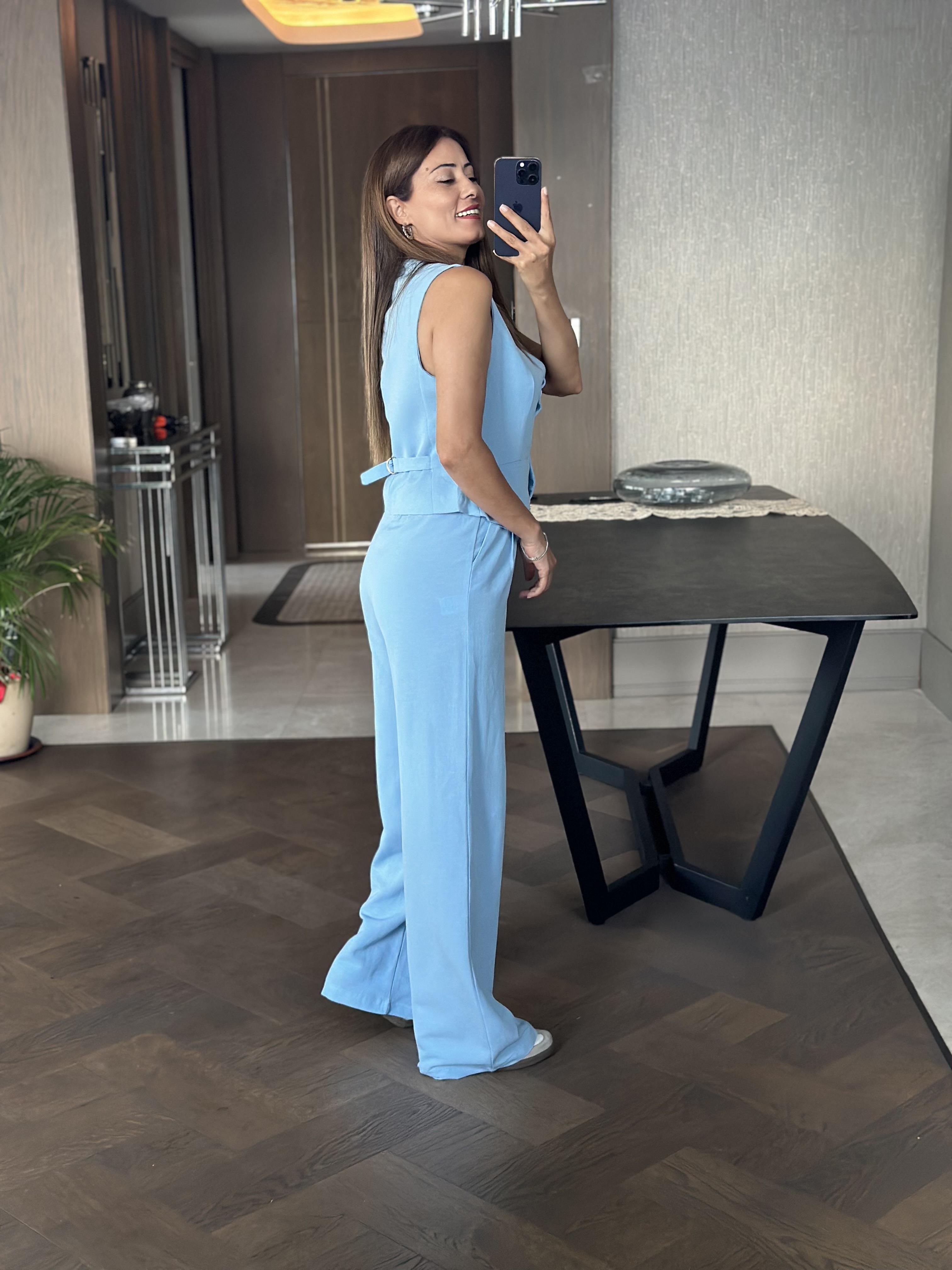 Bebe Mavi Terni Yelek Pantolon Kadın Keten Alt Üst Takım