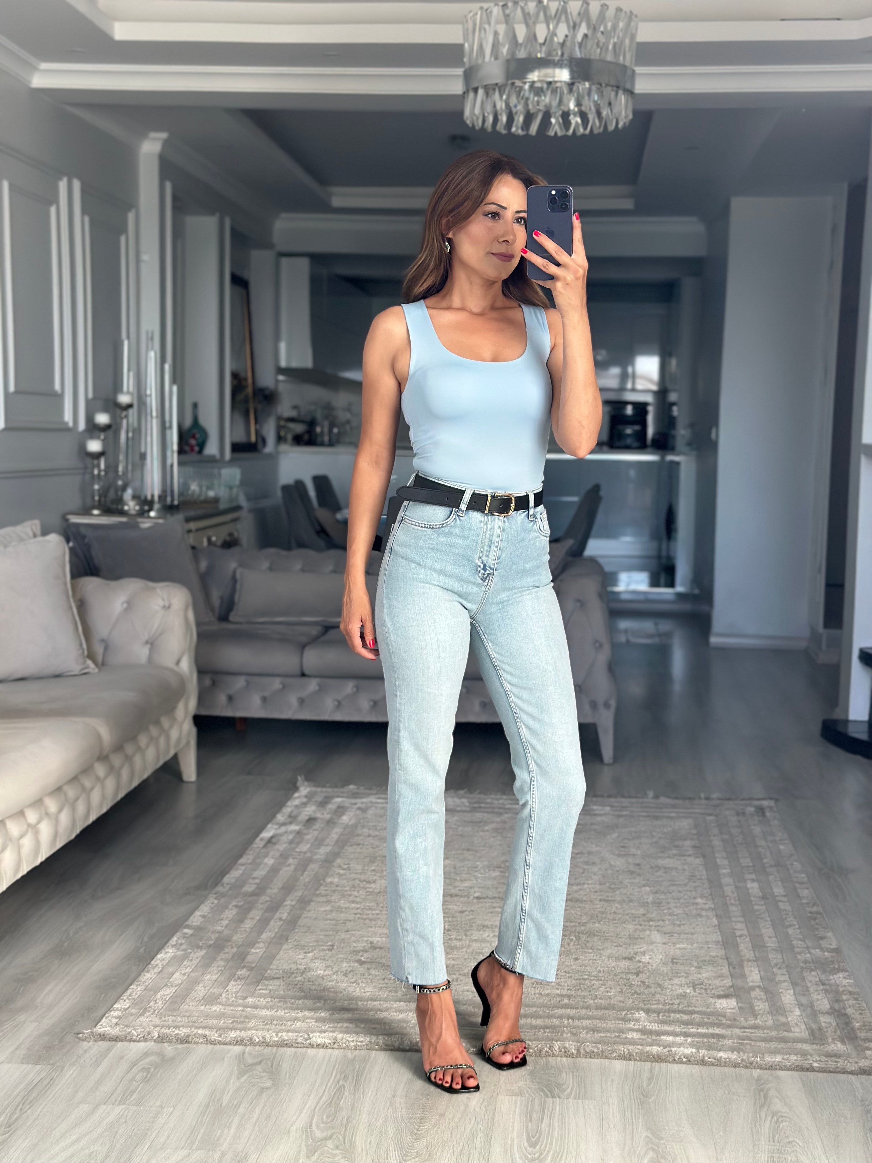 Bebe Mavi U Yaka Kalın Askılı Kadın Body